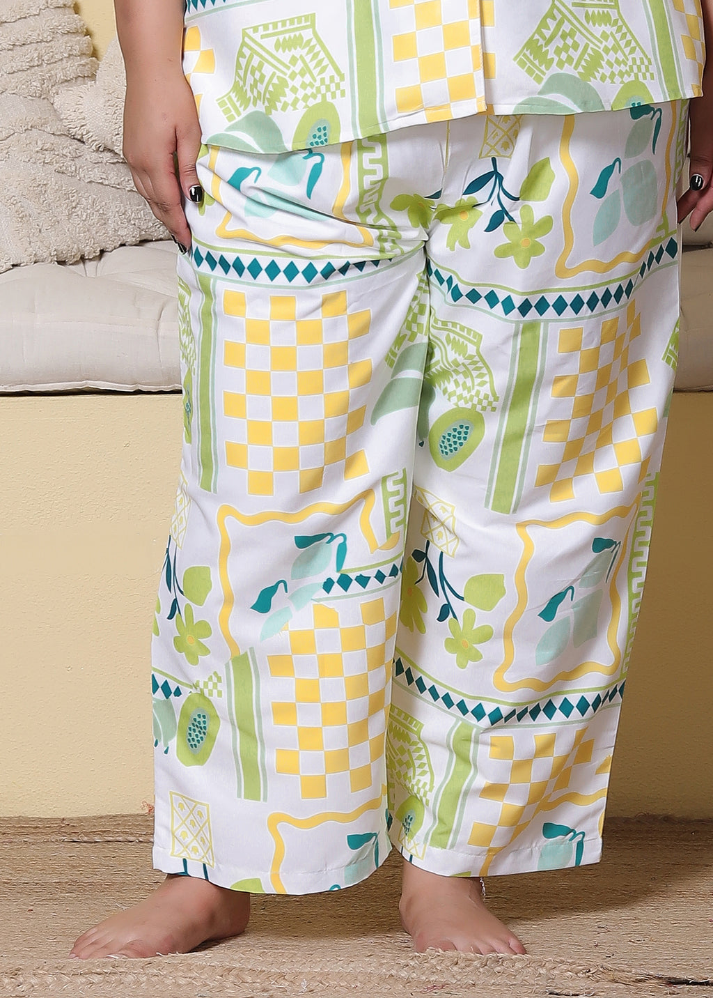 White Yellow Geometric Printed Japanese Blend Cotton Plussize Nightsuit Set by Ameerah