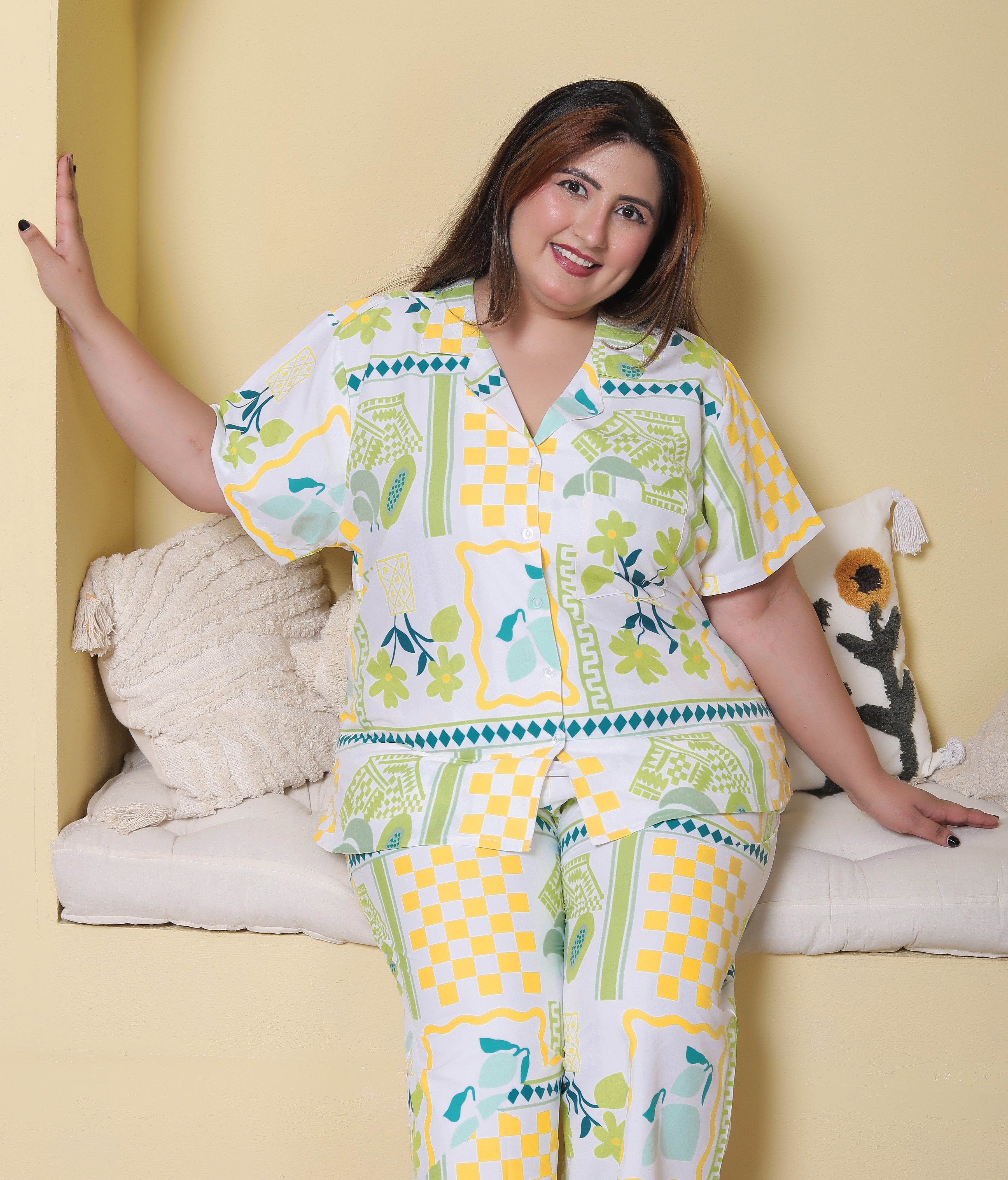 White Yellow Geometric Printed Japanese Blend Cotton Plussize Nightsuit Set by Ameerah