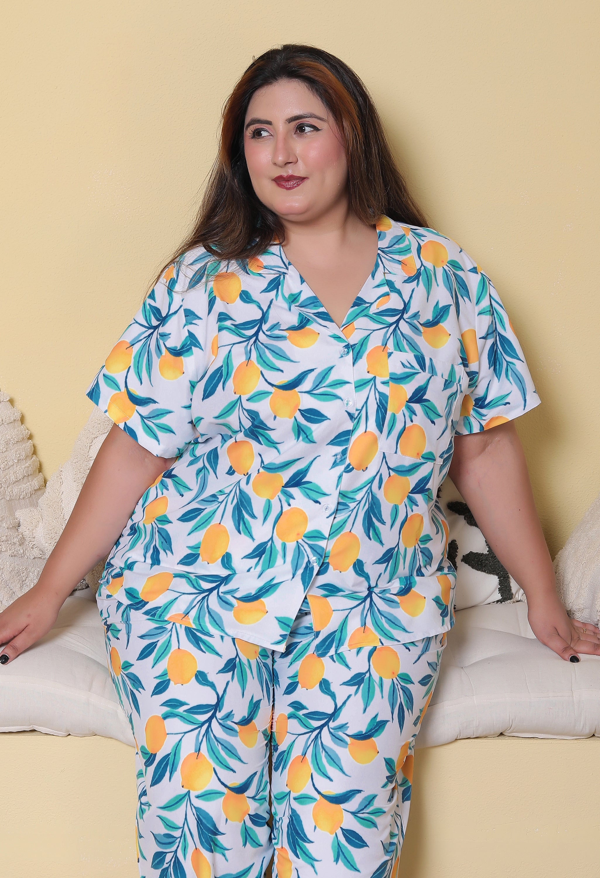 White Lemon Printed Japanese Blend Cotton Plussize Nightsuit Set by Ameerah