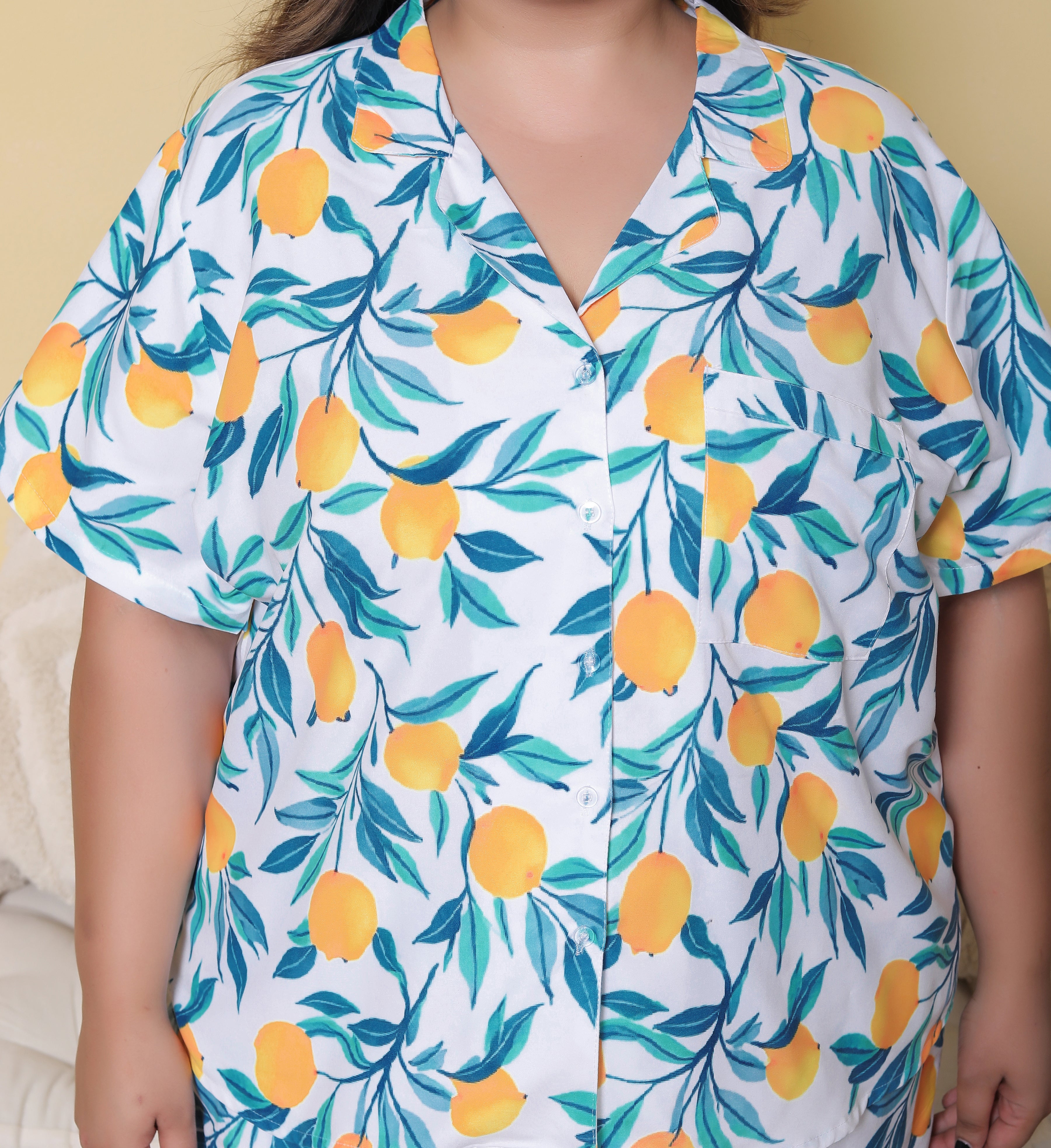 White Lemon Printed Japanese Blend Cotton Plussize Nightsuit Set by Ameerah