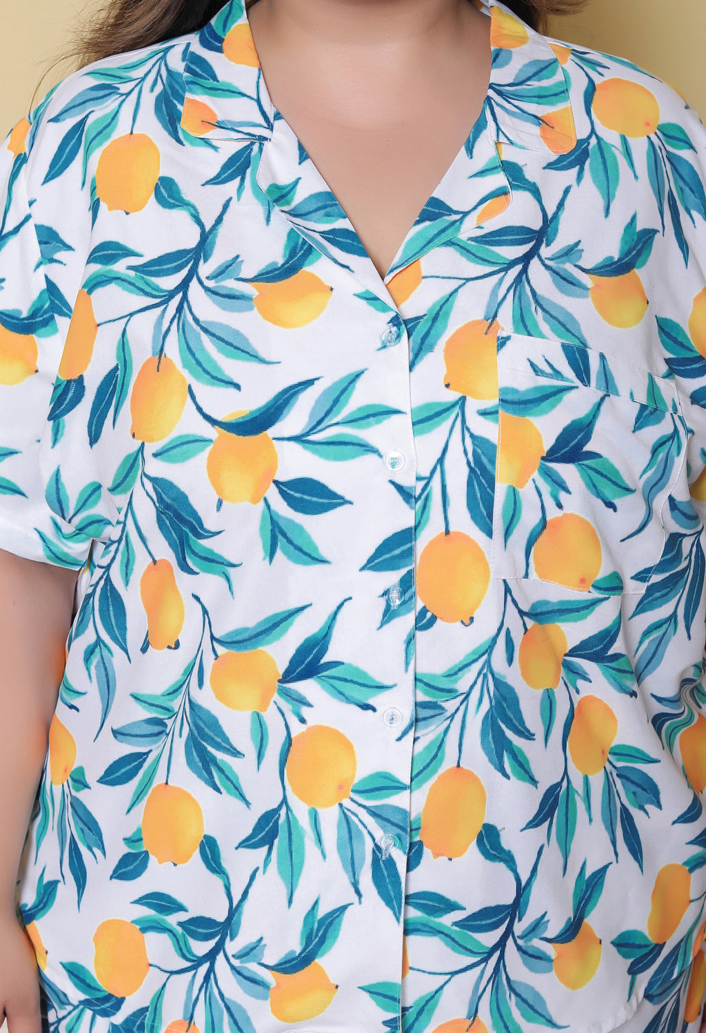 White Lemon Printed Japanese Blend Cotton Plussize Nightsuit Set by Ameerah