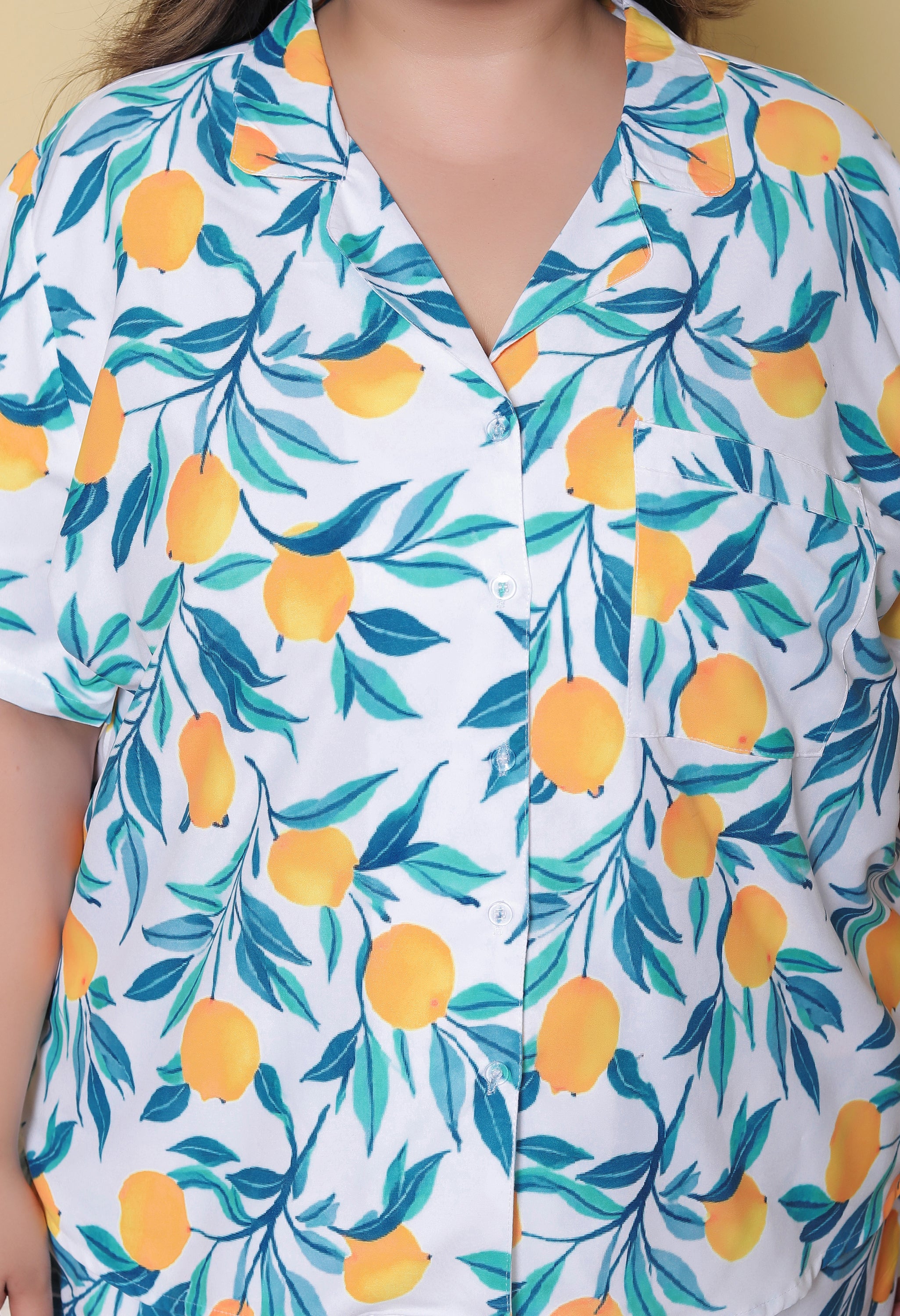 White Lemon Printed Japanese Blend Cotton Plussize Nightsuit Set by Ameerah