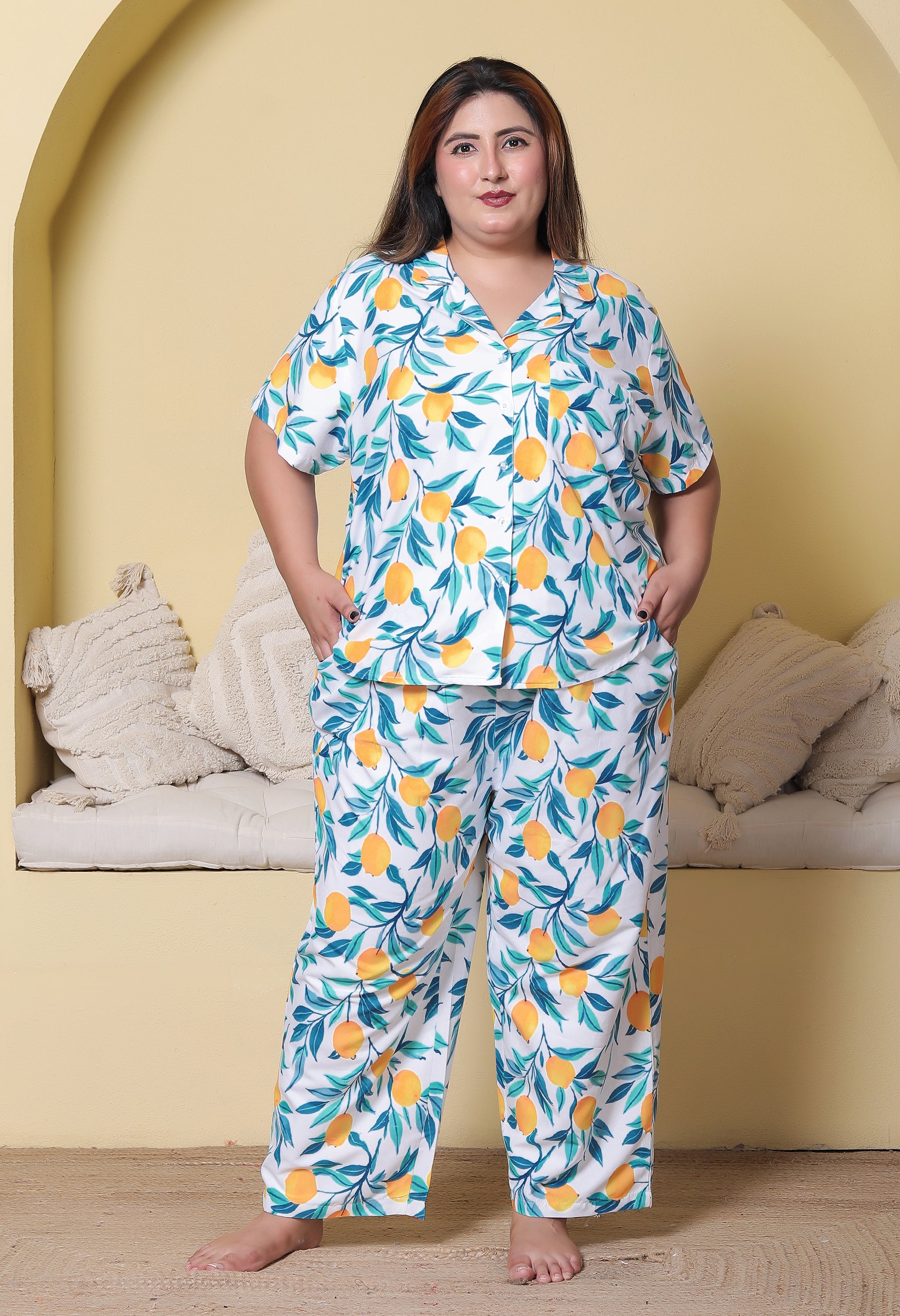 White Lemon Printed Japanese Blend Cotton Plussize Nightsuit Set by Ameerah
