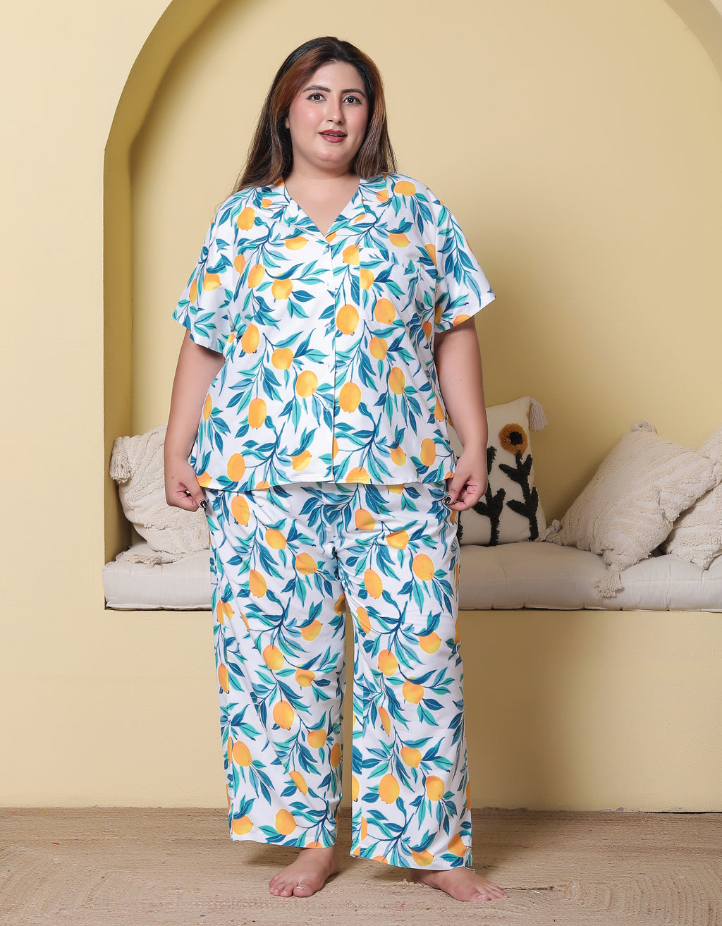 White Lemon Printed Japanese Blend Cotton Plussize Nightsuit Set by Ameerah