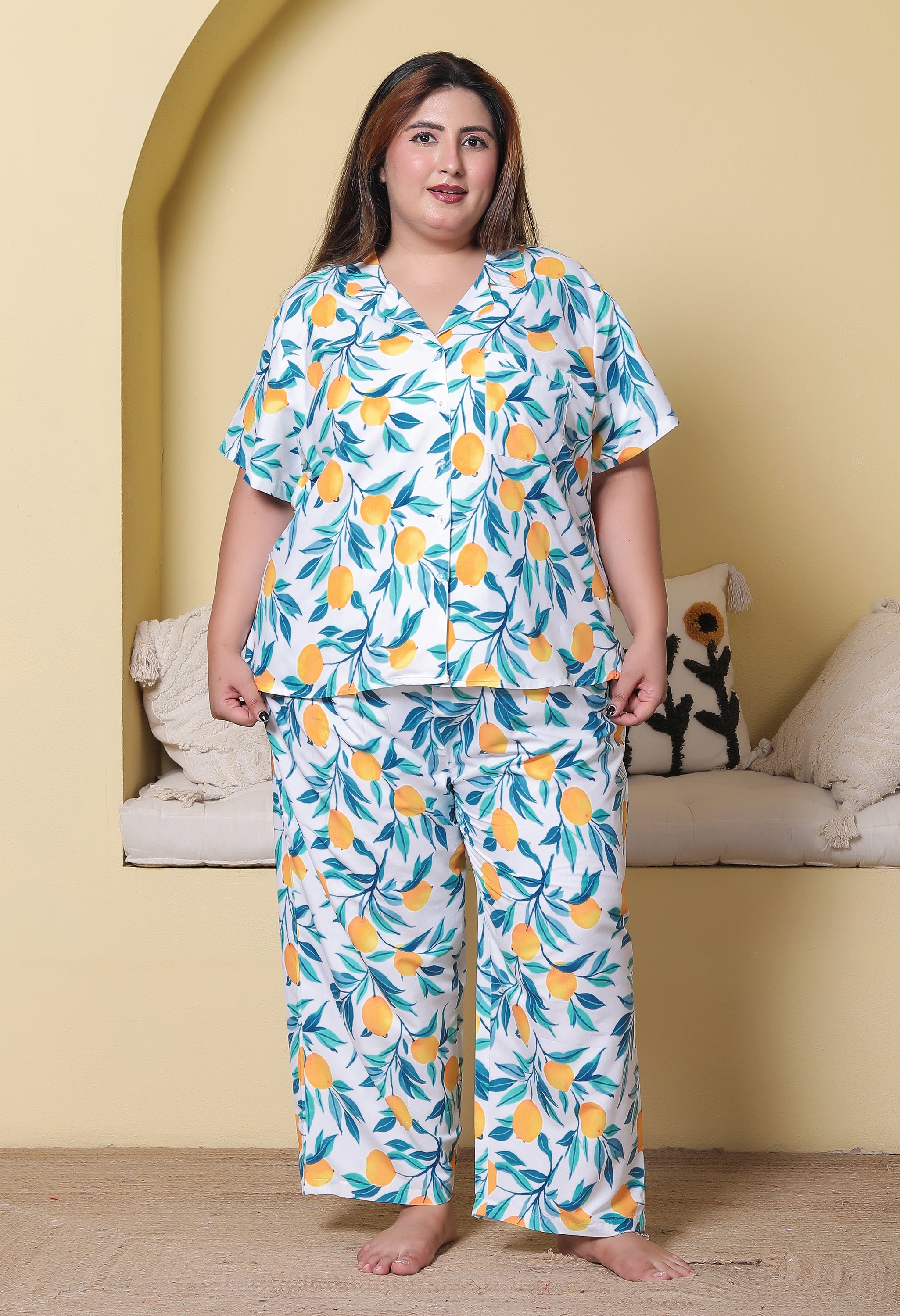 White Lemon Printed Japanese Blend Cotton Plussize Nightsuit Set by Ameerah