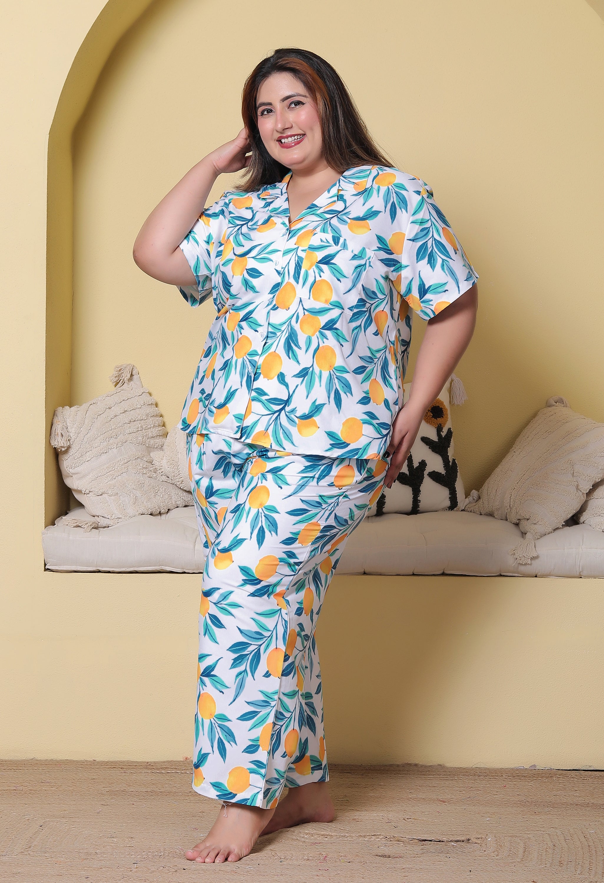 White Lemon Printed Japanese Blend Cotton Plussize Nightsuit Set by Ameerah