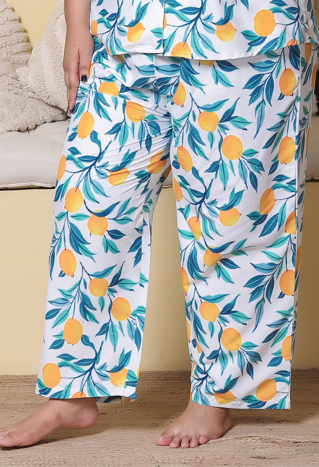 White Lemon Printed Japanese Blend Cotton Plussize Nightsuit Set by Ameerah