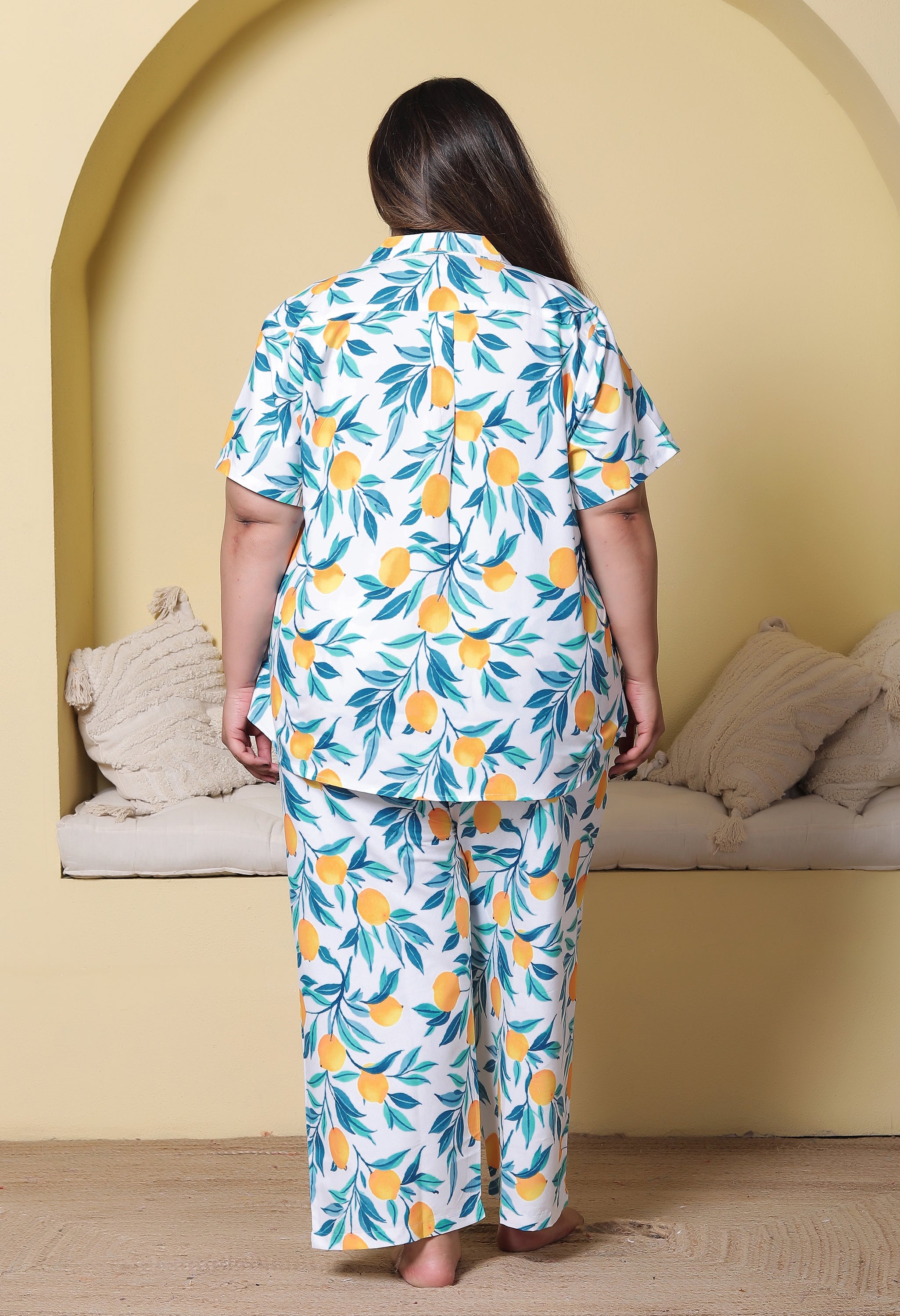 White Lemon Printed Japanese Blend Cotton Plussize Nightsuit Set by Ameerah