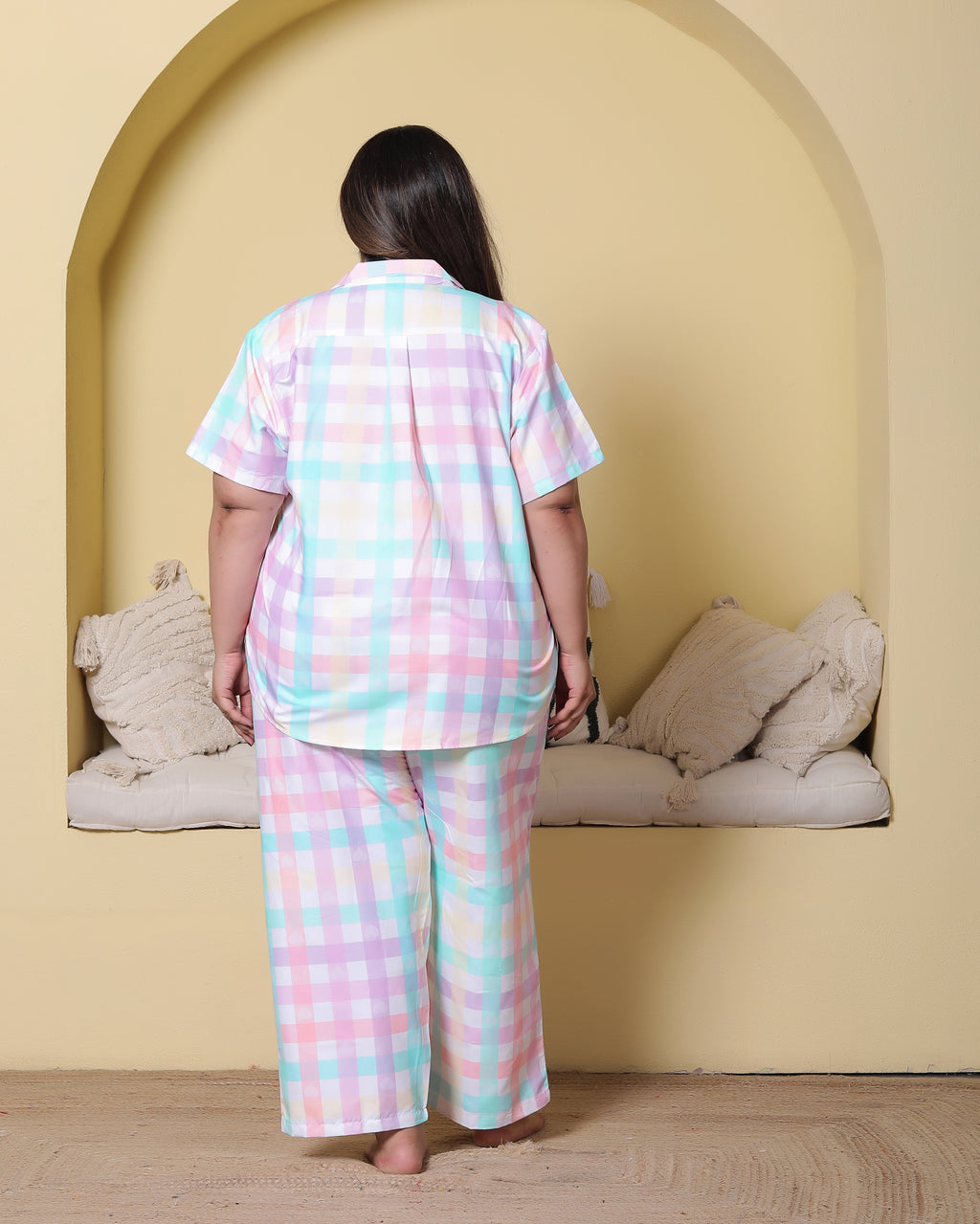 Candy Pastel Checkered Printed Japanese Blend Cotton Plussize Nightsuit Set by Ameerah