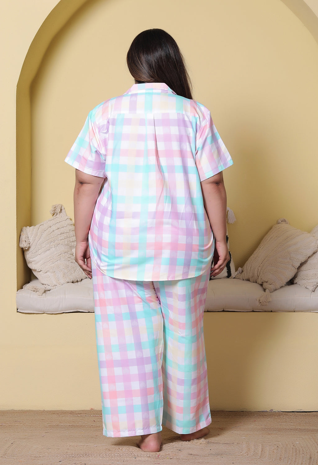 Candy Pastel Checkered Printed Japanese Blend Cotton Plussize Nightsuit Set by Ameerah