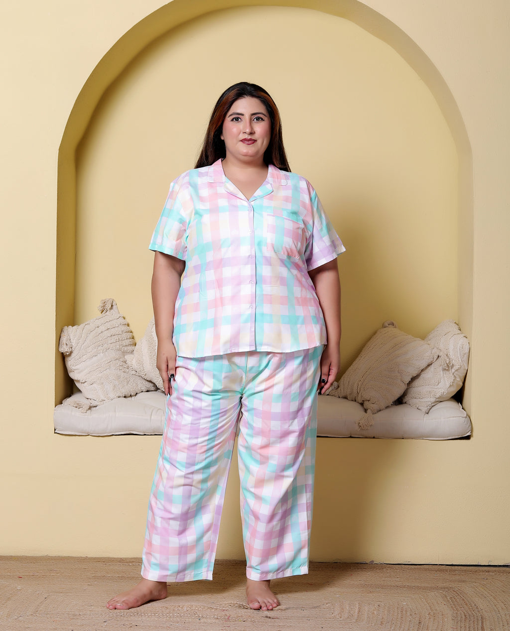Candy Pastel Checkered Printed Japanese Blend Cotton Plussize Nightsuit Set by Ameerah