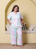 Candy Pastel Checkered Printed Japanese Blend Cotton Plussize Nightsuit Set by Ameerah