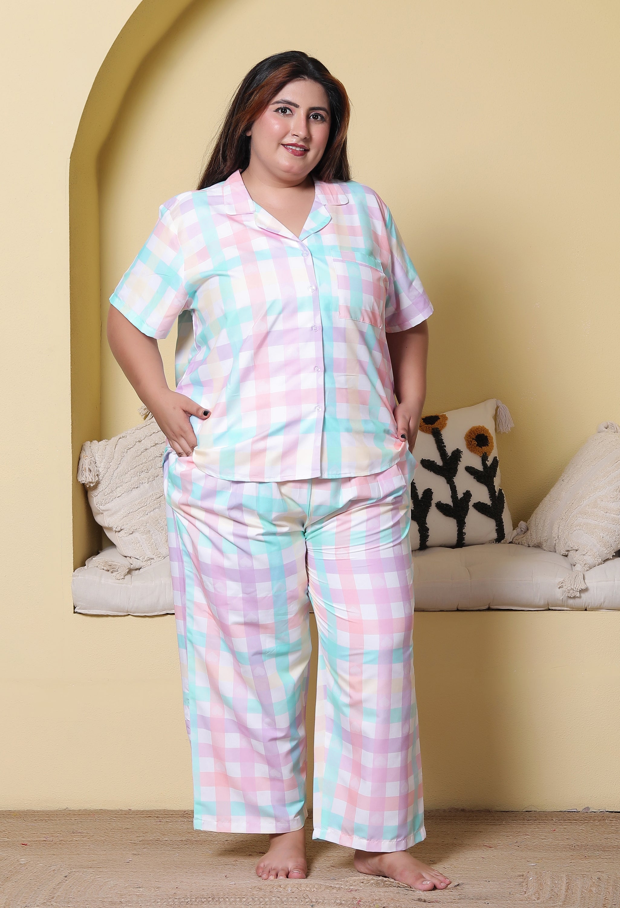 Candy Pastel Checkered Printed Japanese Blend Cotton Plussize Nightsuit Set by Ameerah