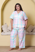 Candy Pastel Checkered Printed Japanese Blend Cotton Plussize Nightsuit Set by Ameerah