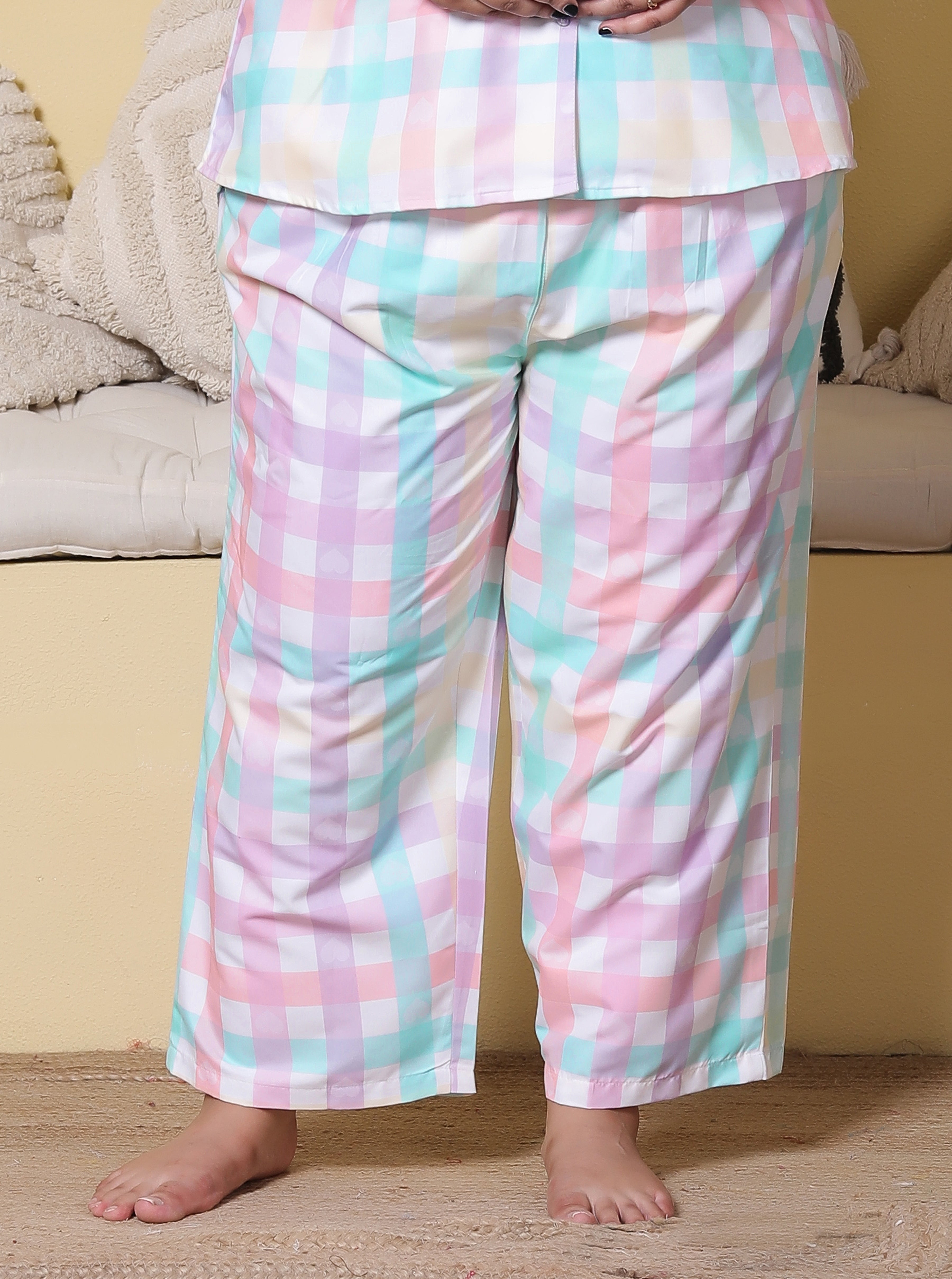 Candy Pastel Checkered Printed Japanese Blend Cotton Plussize Nightsuit Set by Ameerah