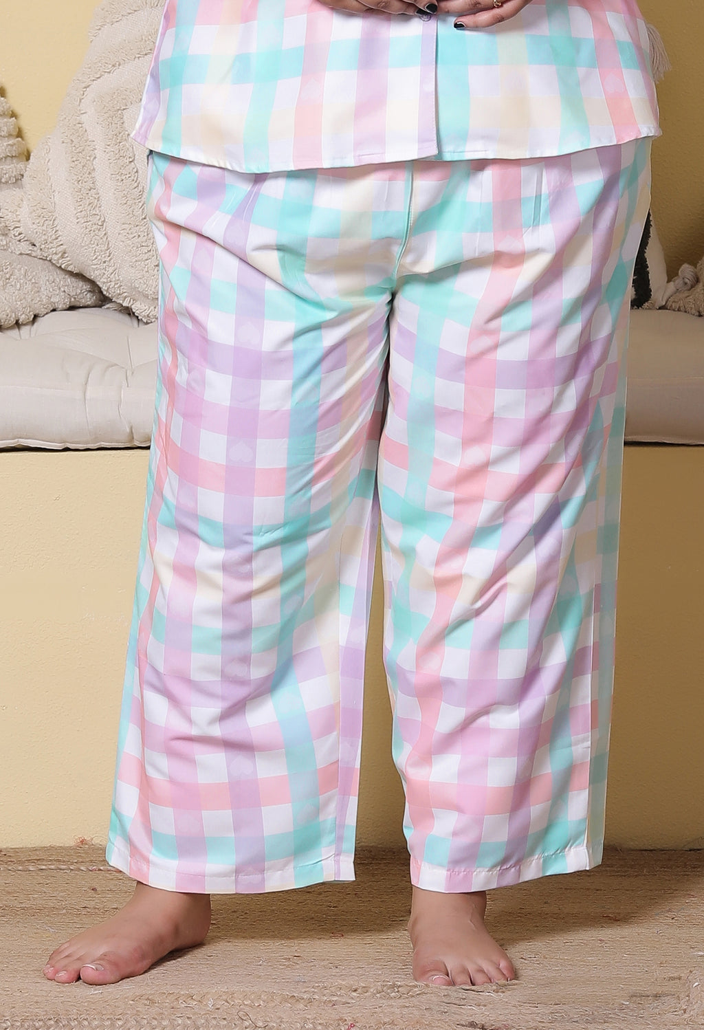 Candy Pastel Checkered Printed Japanese Blend Cotton Plussize Nightsuit Set by Ameerah