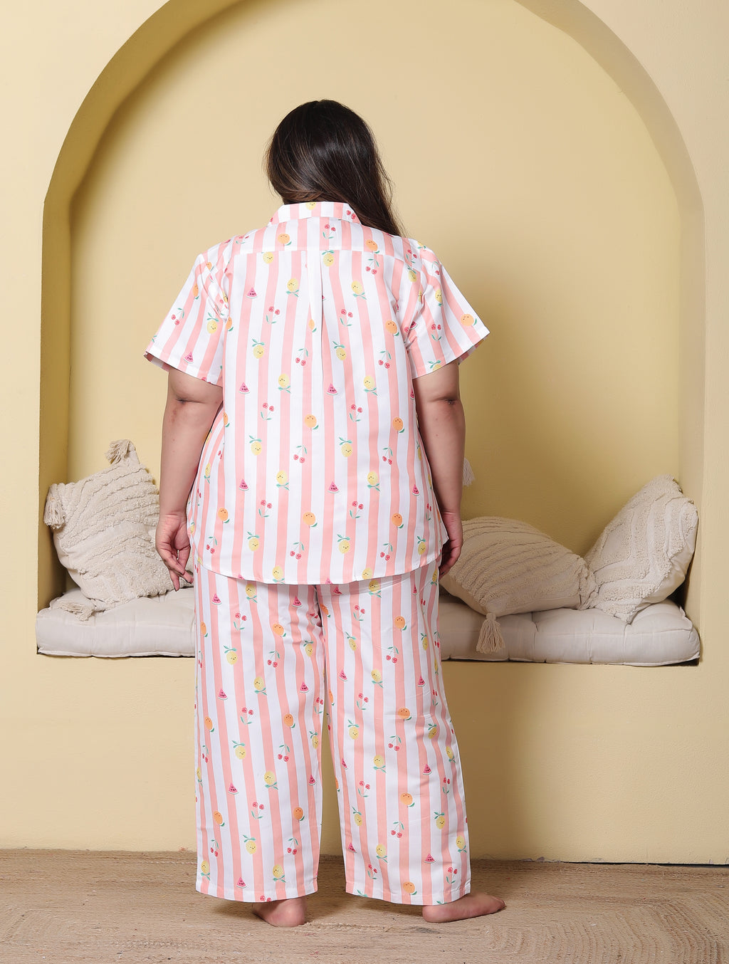 Peach Pink Striped Fruit Printed Japanese Blend Cotton Plussize Nightsuit Set by Ameerah