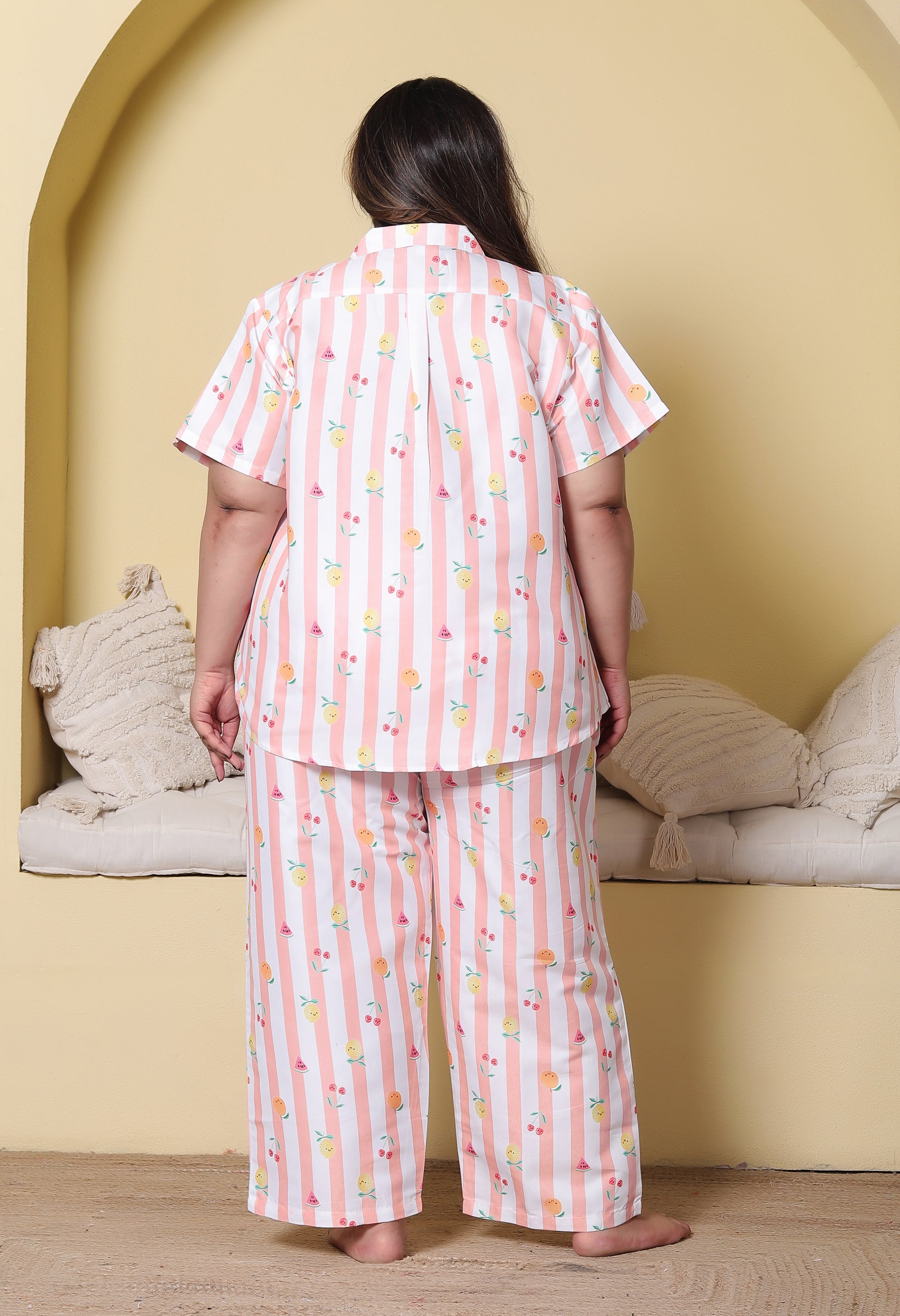 Peach Pink Striped Fruit Printed Japanese Blend Cotton Plussize Nightsuit Set by Ameerah