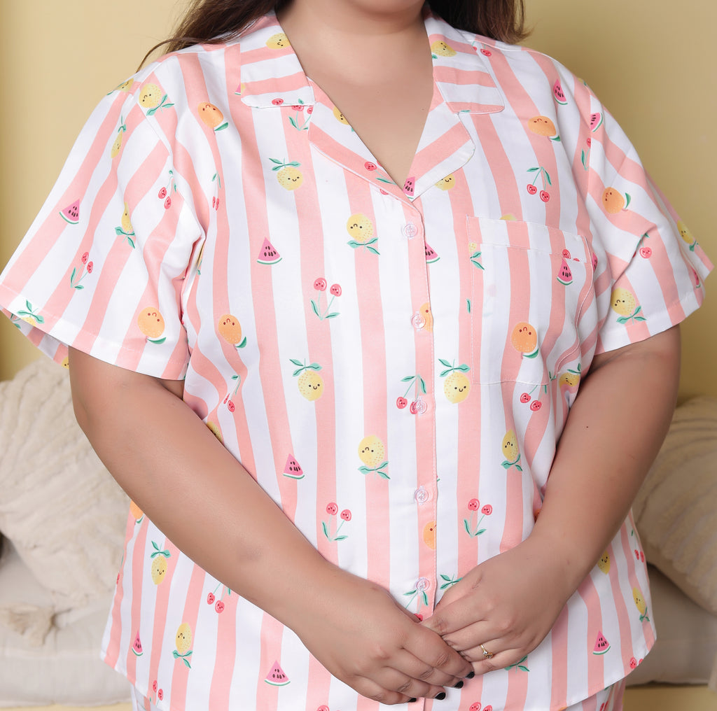 Peach Pink Striped Fruit Printed Japanese Blend Cotton Plussize Nightsuit Set by Ameerah