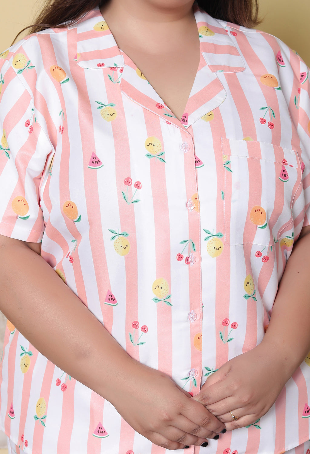Peach Pink Striped Fruit Printed Japanese Blend Cotton Plussize Nightsuit Set by Ameerah