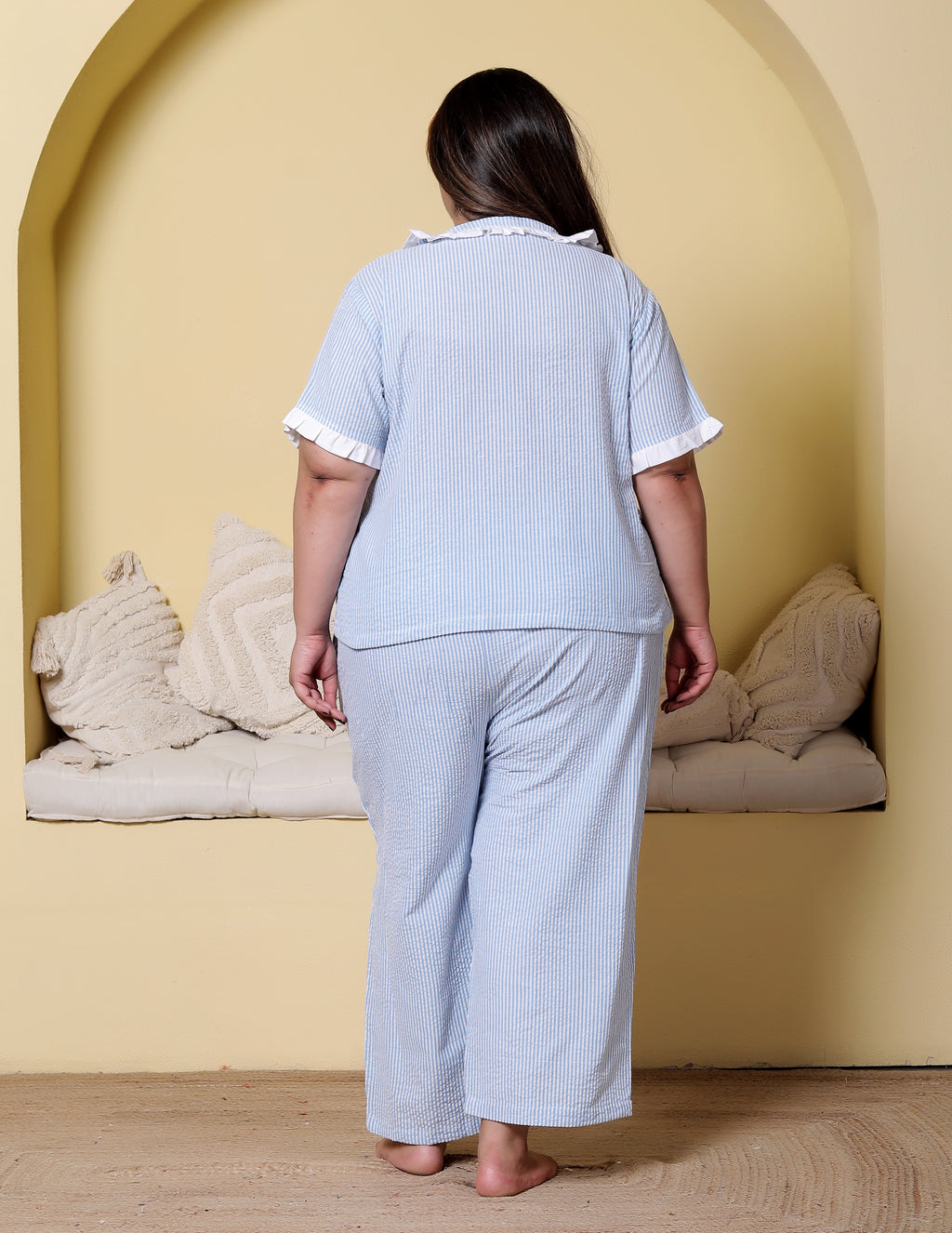 Blue Striped Seersucker Cotton Plussize Nightsuit Set By Ameerah