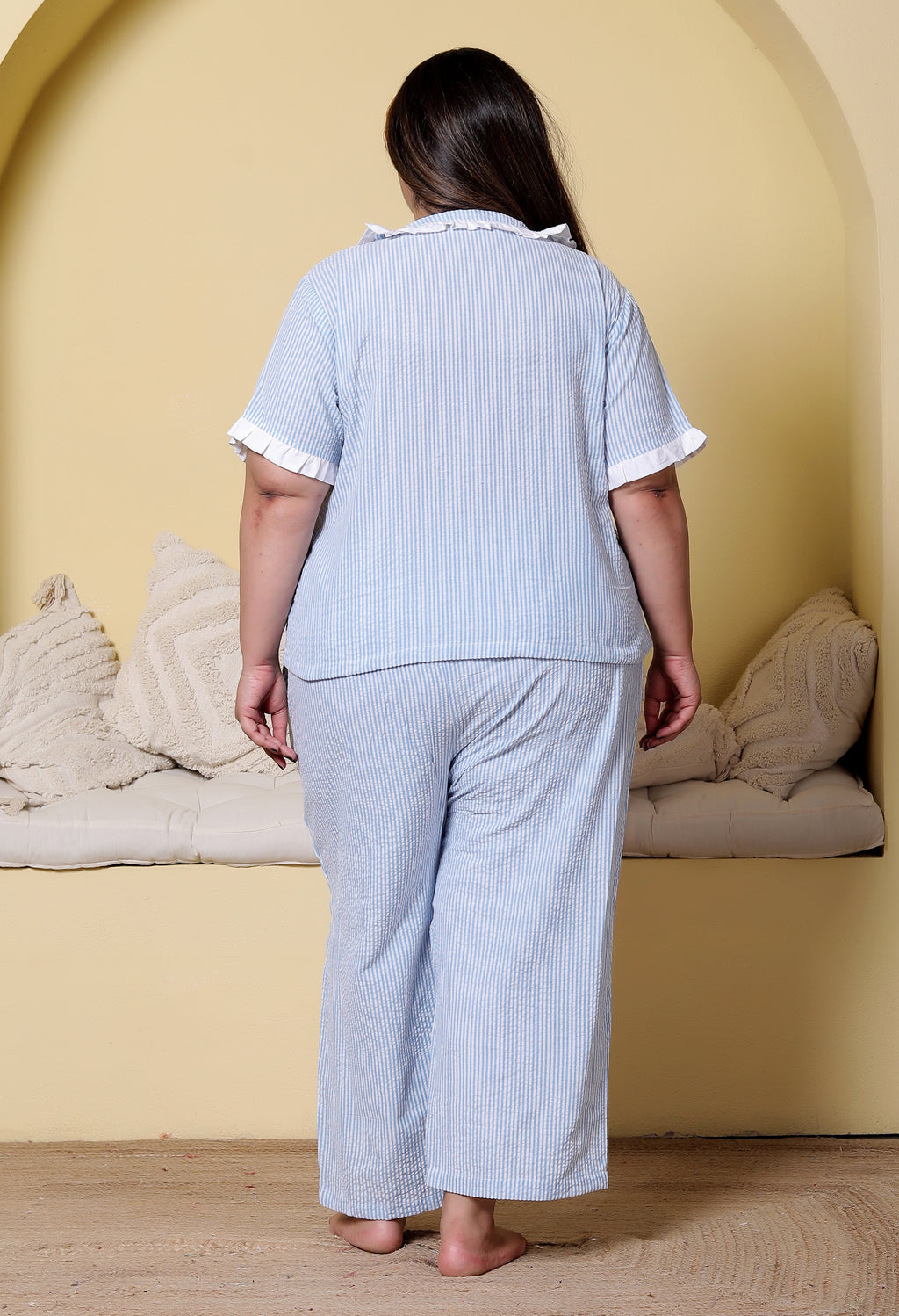 Blue Striped Seersucker Cotton Plussize Nightsuit Set By Ameerah
