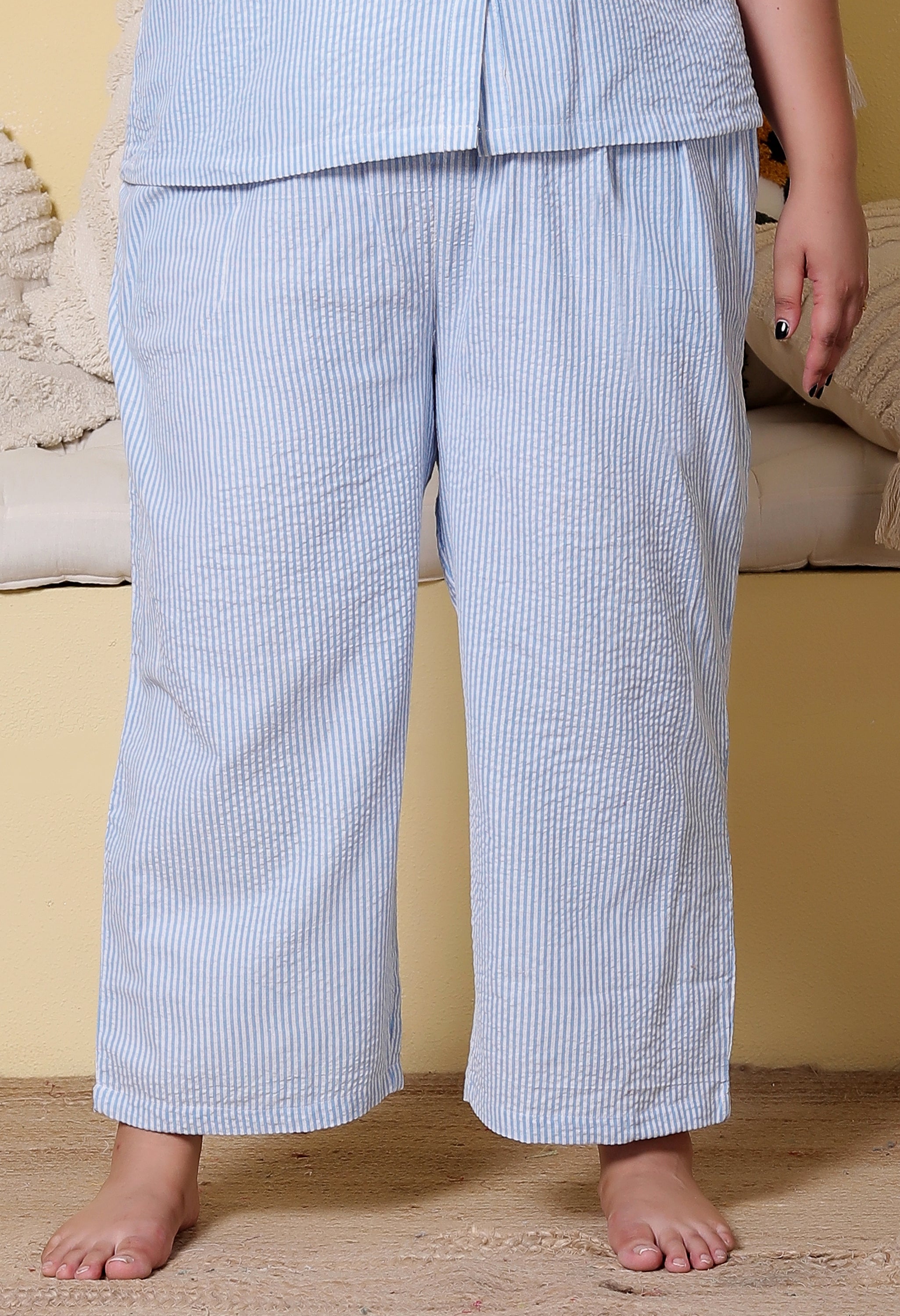 Blue Striped Seersucker Cotton Plussize Nightsuit Set By Ameerah