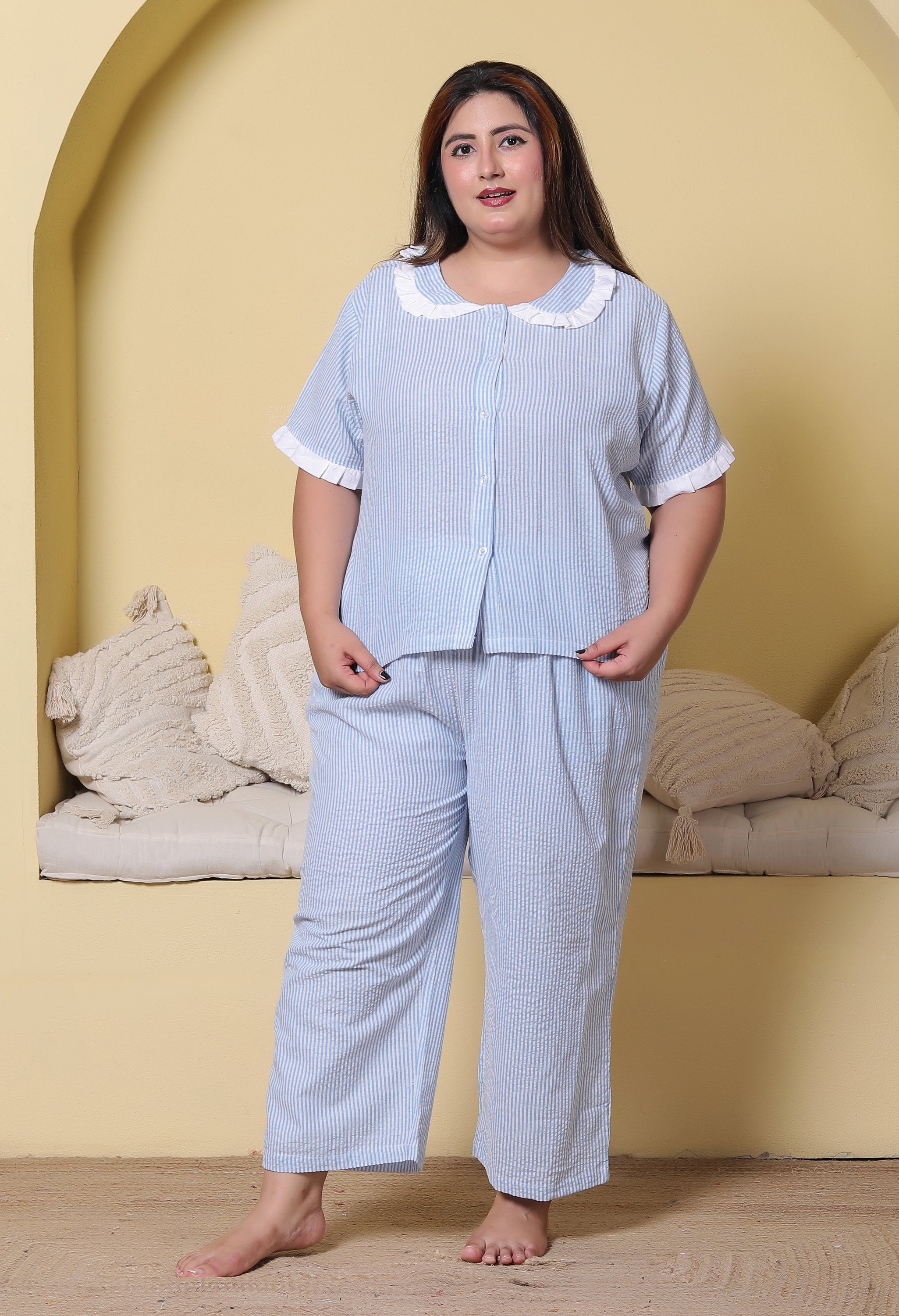 Blue Striped Seersucker Cotton Plussize Nightsuit Set By Ameerah