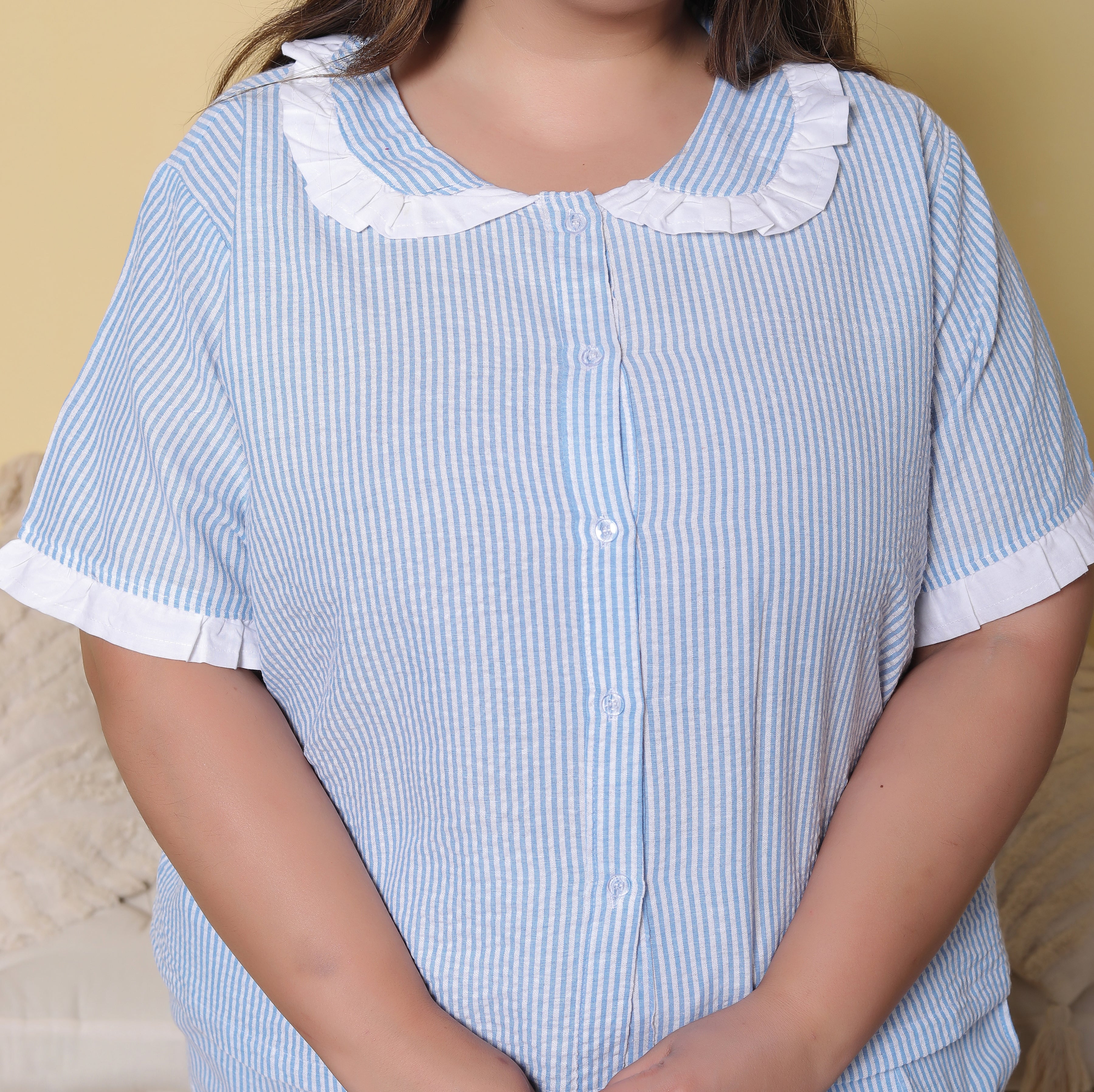 Blue Striped Seersucker Cotton Plussize Nightsuit Set By Ameerah
