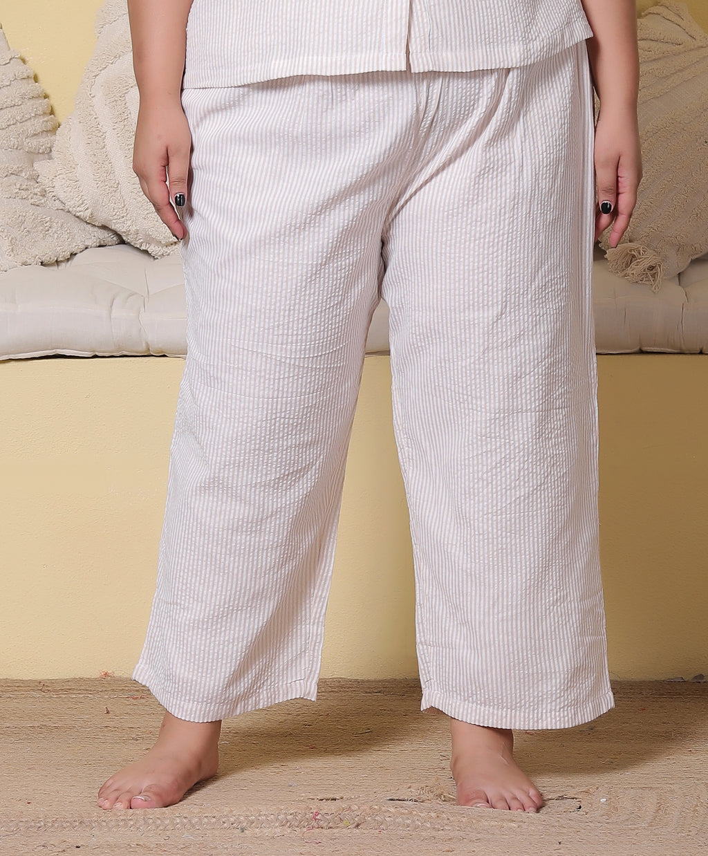 Brown Striped Seersucker Cotton Plussize Nightsuit Set By Ameerah