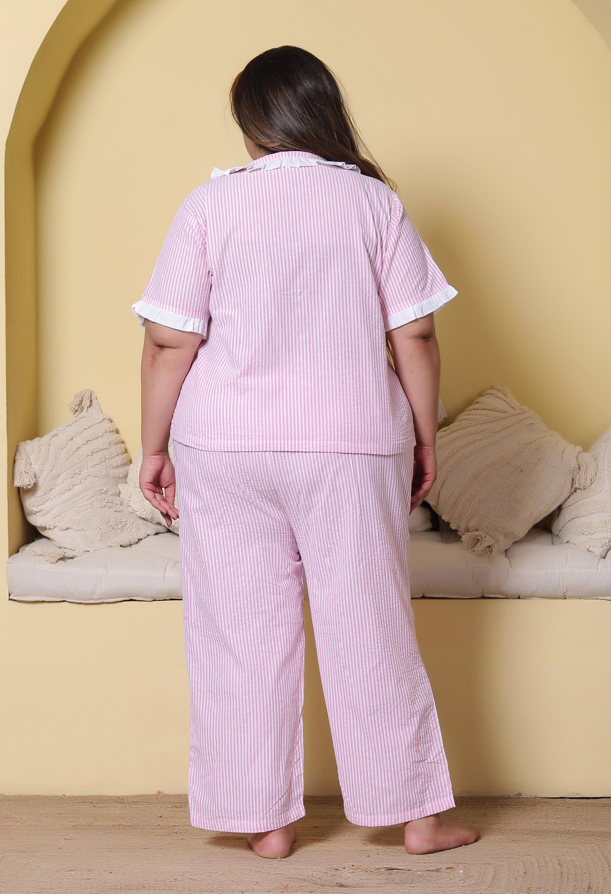 Pink Striped Seersucker Cotton Plussize Nightsuit Set By Ameerah