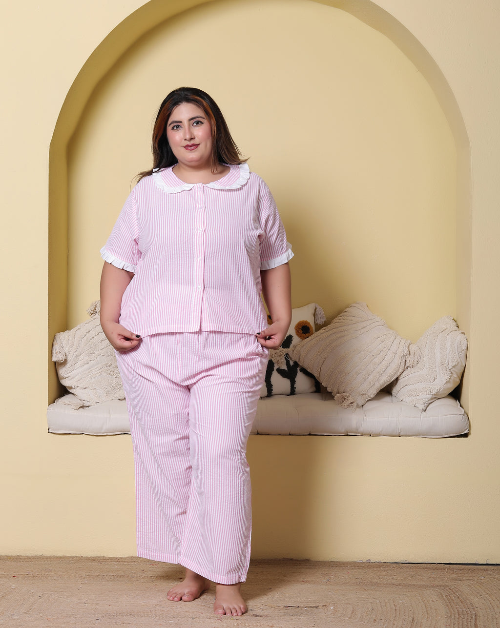 Pink Striped Seersucker Cotton Plussize Nightsuit Set By Ameerah