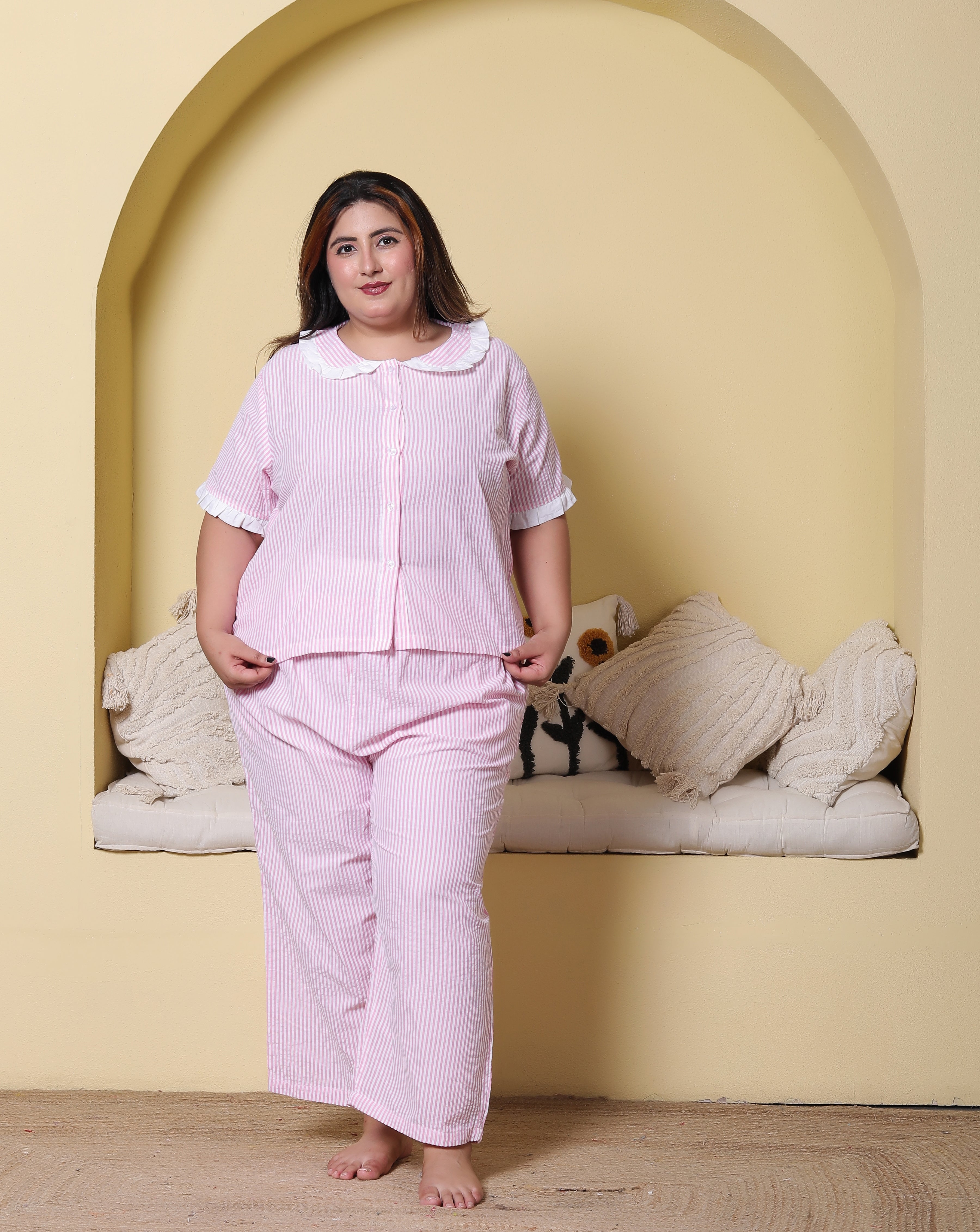 Pink Striped Seersucker Cotton Plussize Nightsuit Set By Ameerah