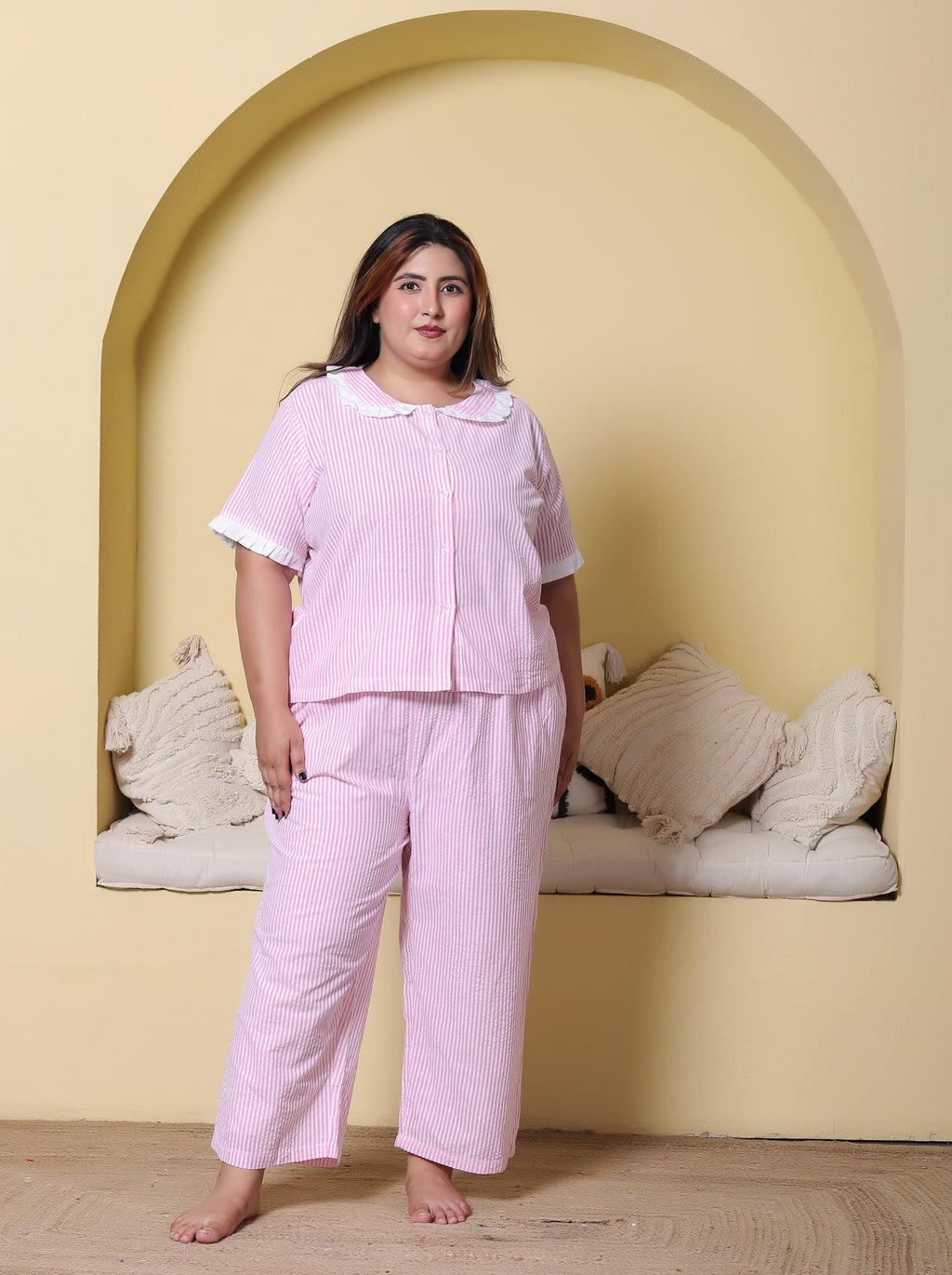 Pink Striped Seersucker Cotton Plussize Nightsuit Set By Ameerah
