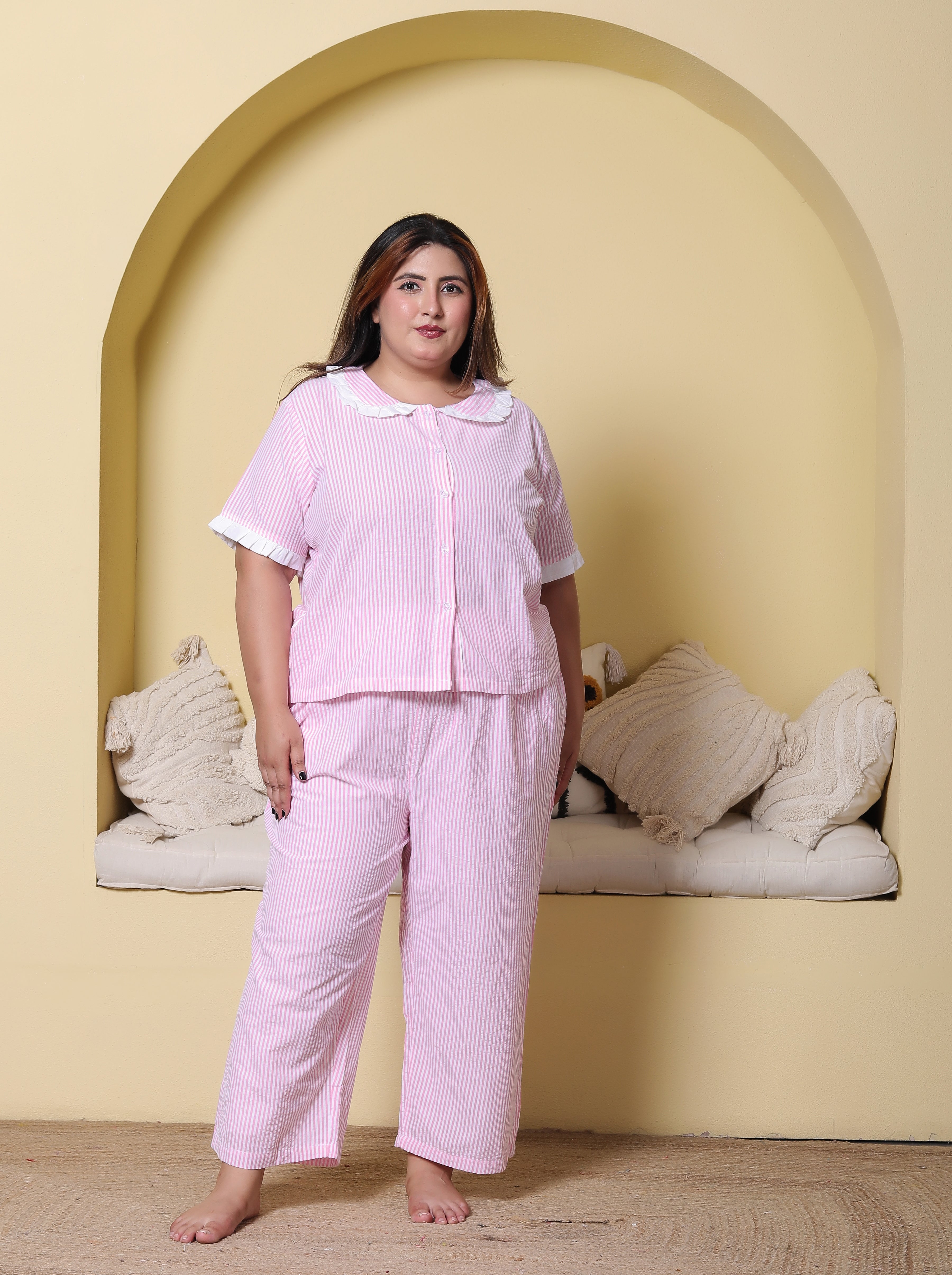 Pink Striped Seersucker Cotton Plussize Nightsuit Set By Ameerah