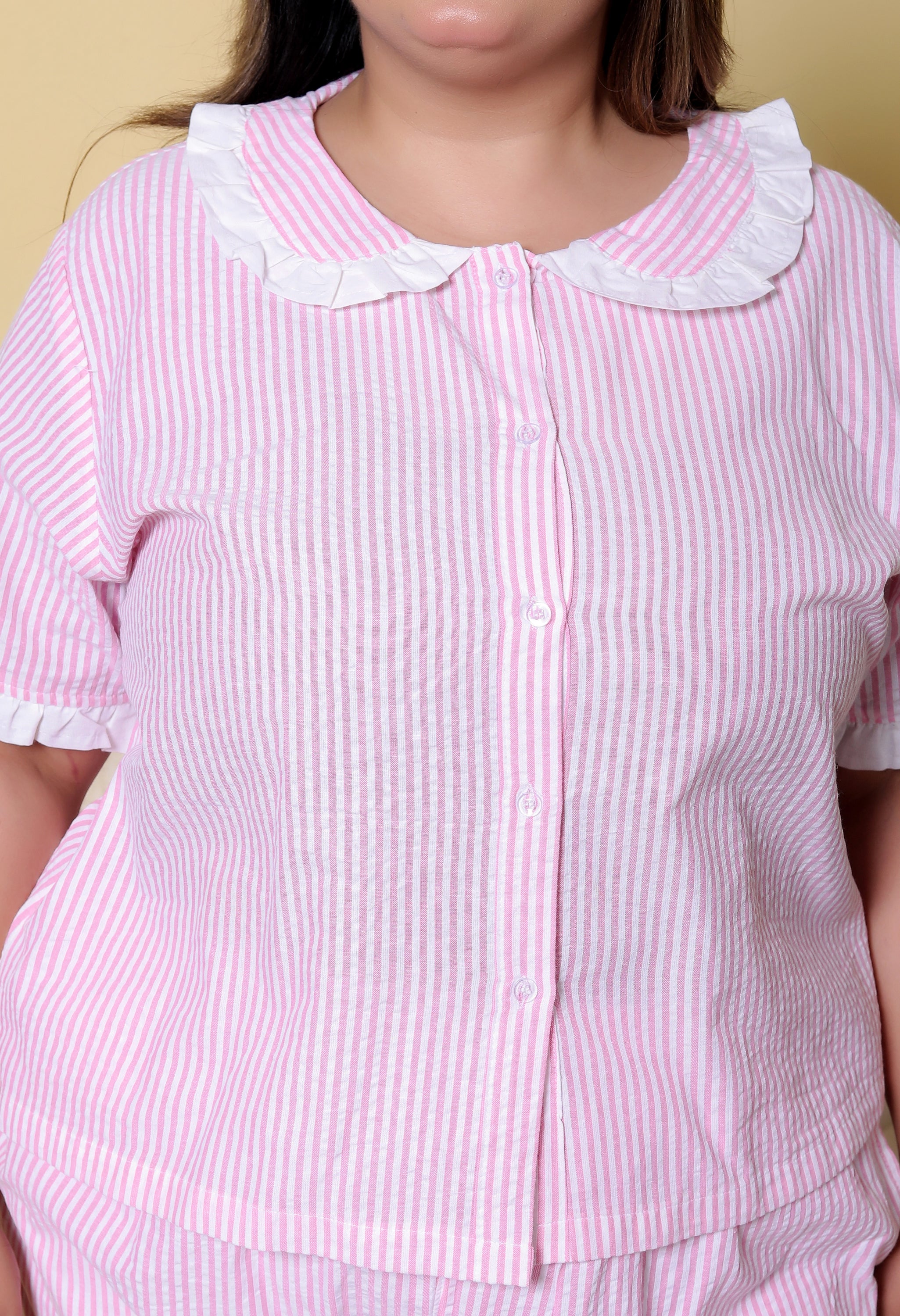 Pink Striped Seersucker Cotton Plussize Nightsuit Set By Ameerah
