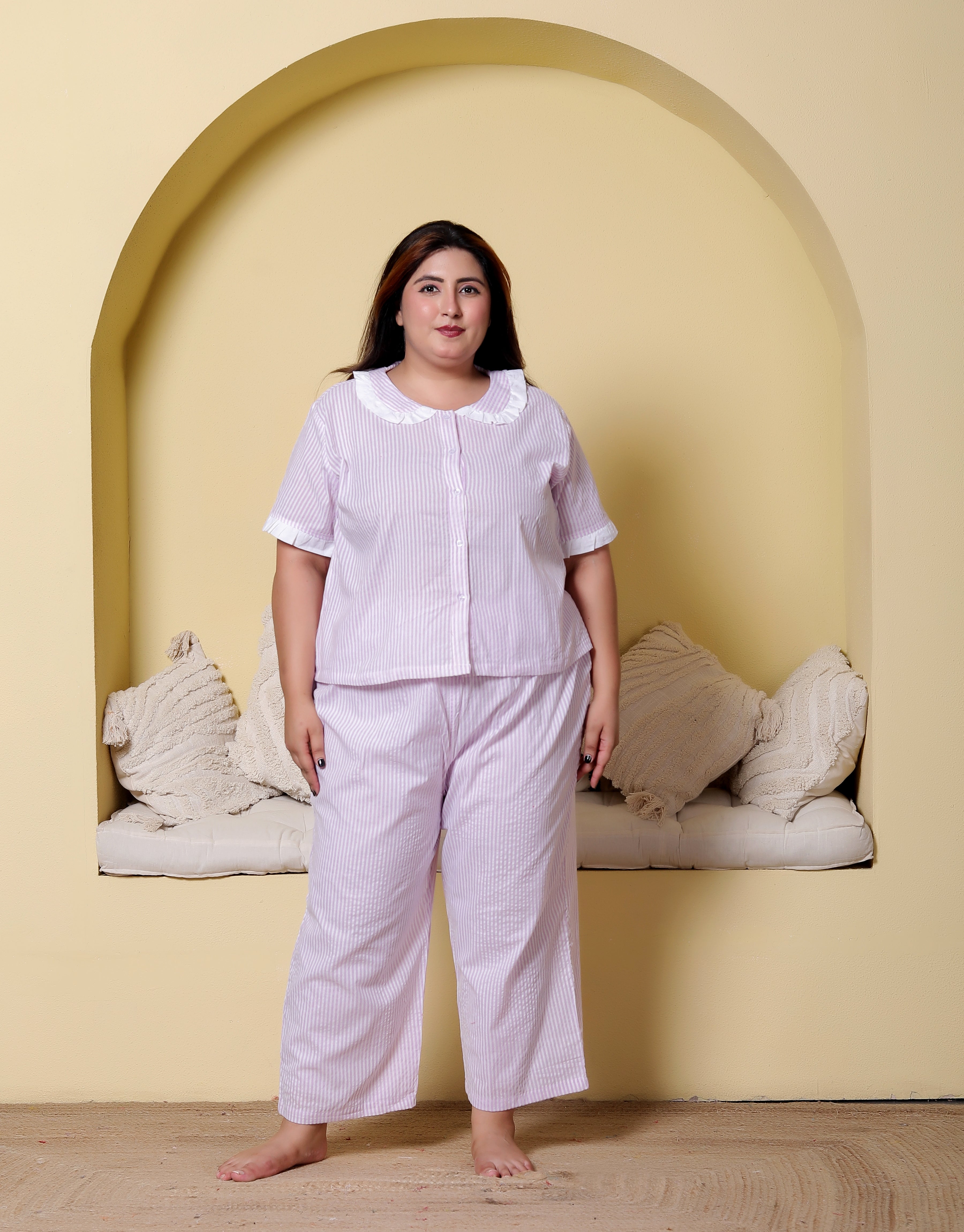 Purple Striped Seersucker Cotton Plussize Nightsuit Set By Ameerah
