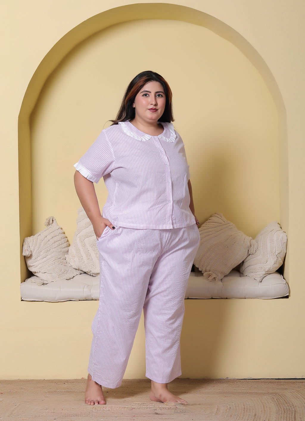 Purple Striped Seersucker Cotton Plussize Nightsuit Set By Ameerah