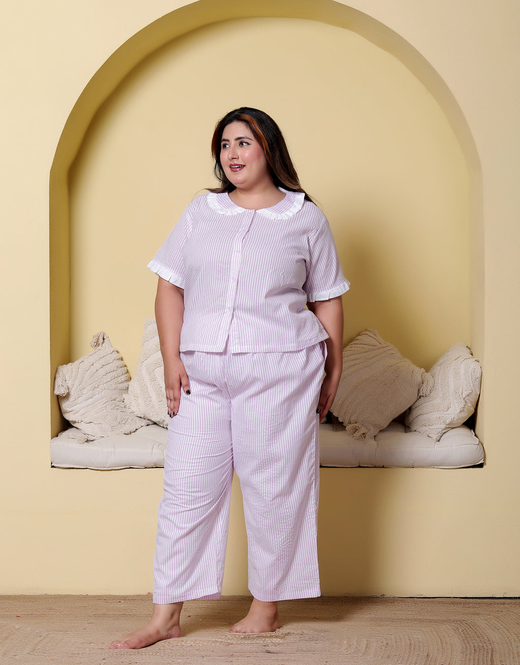 Purple Striped Seersucker Cotton Plussize Nightsuit Set By Ameerah