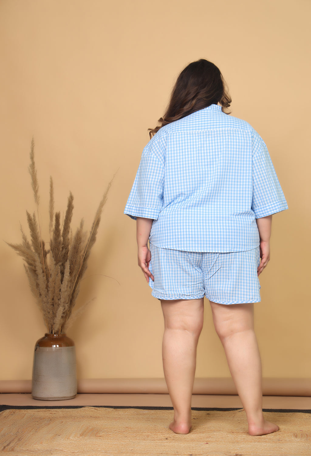 Blue Gingham Checks Drop Shoulders Comfort Loom Pure Cotton Plussize Short Set By Ameerah