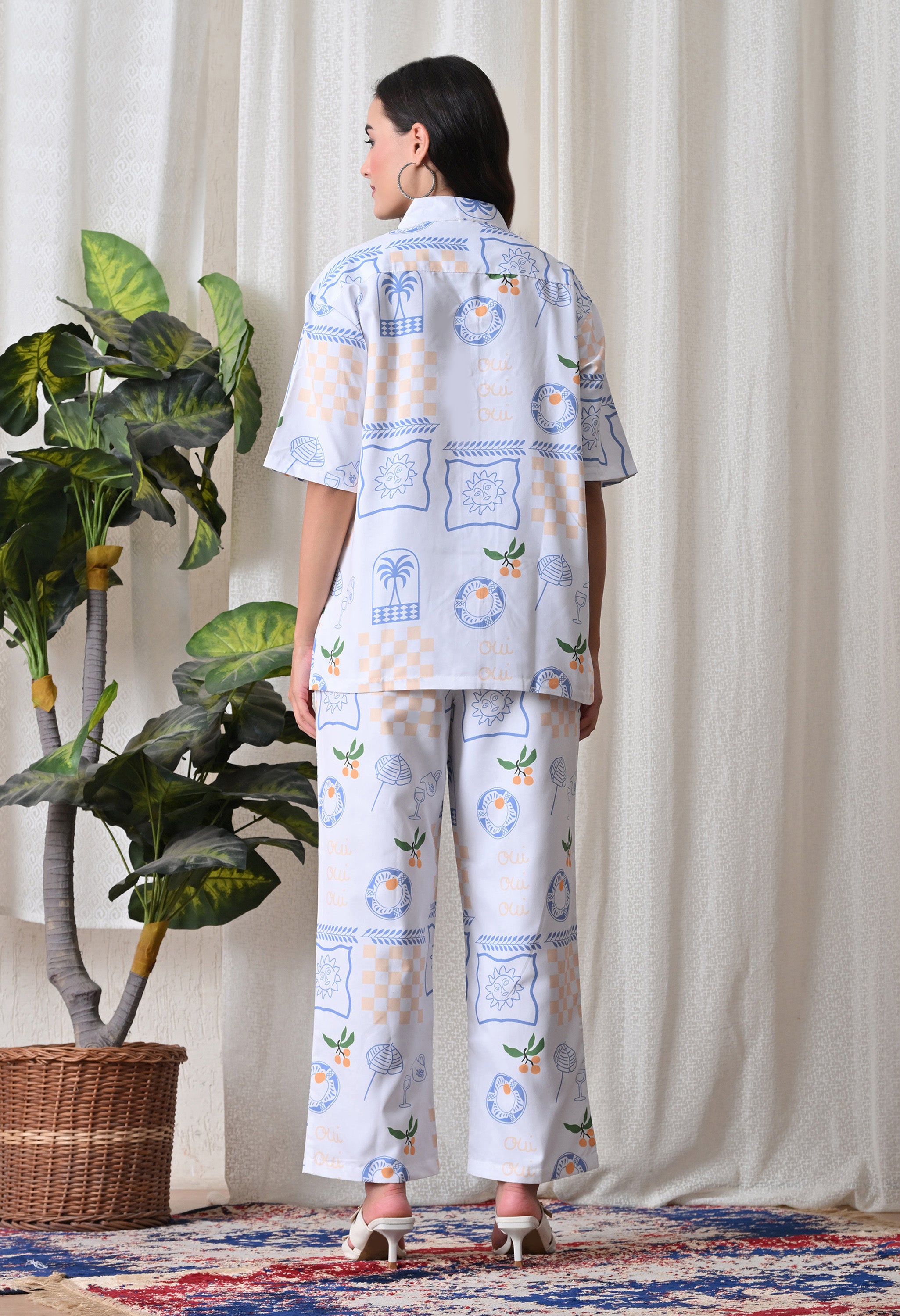 Light Blue Abstract Artistic Print Japanese Blend Cotton Shirt & Pyjama Set by Ameerah