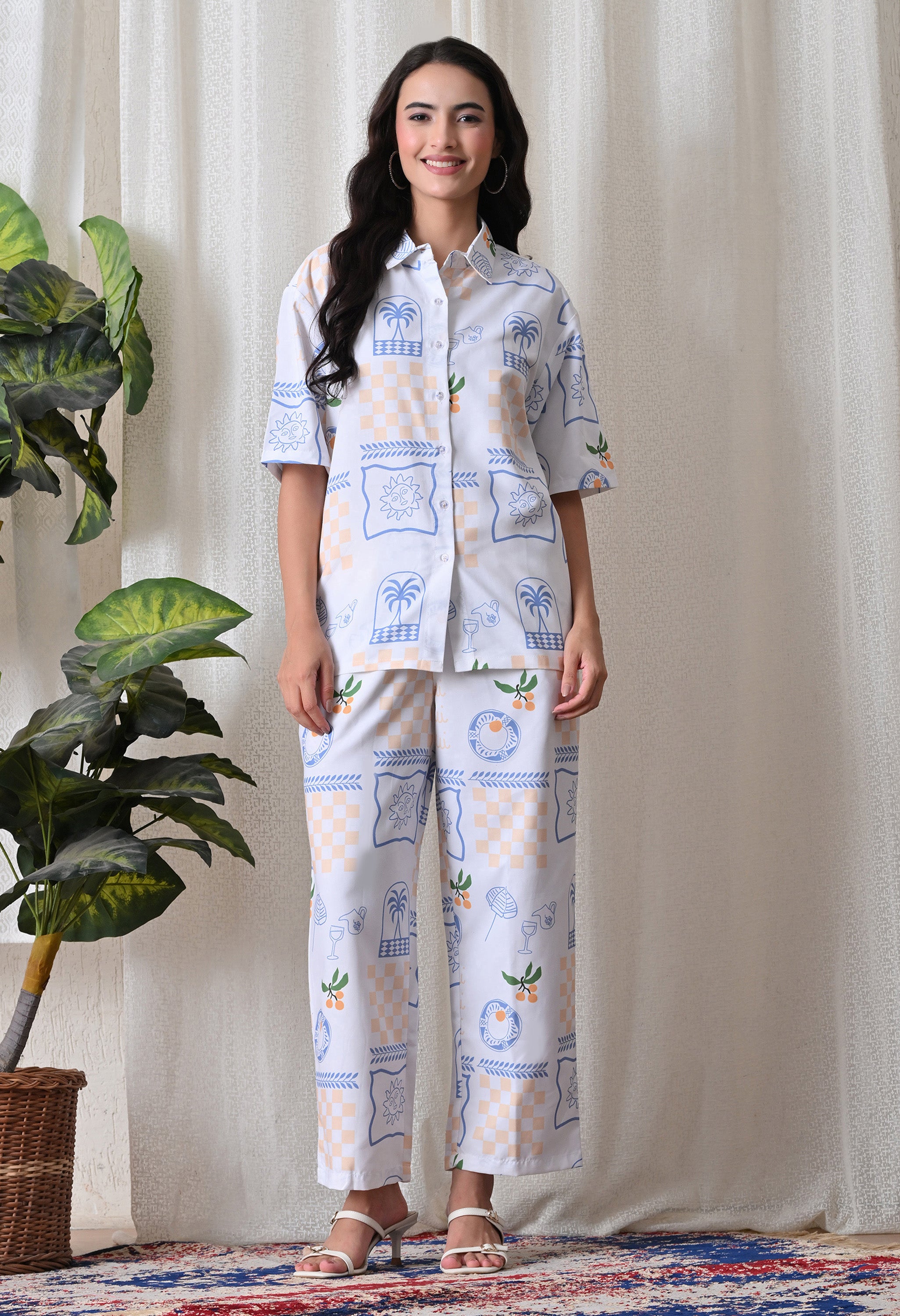 Light Blue Abstract Artistic Print Japanese Blend Cotton Shirt & Pyjama Set by Ameerah