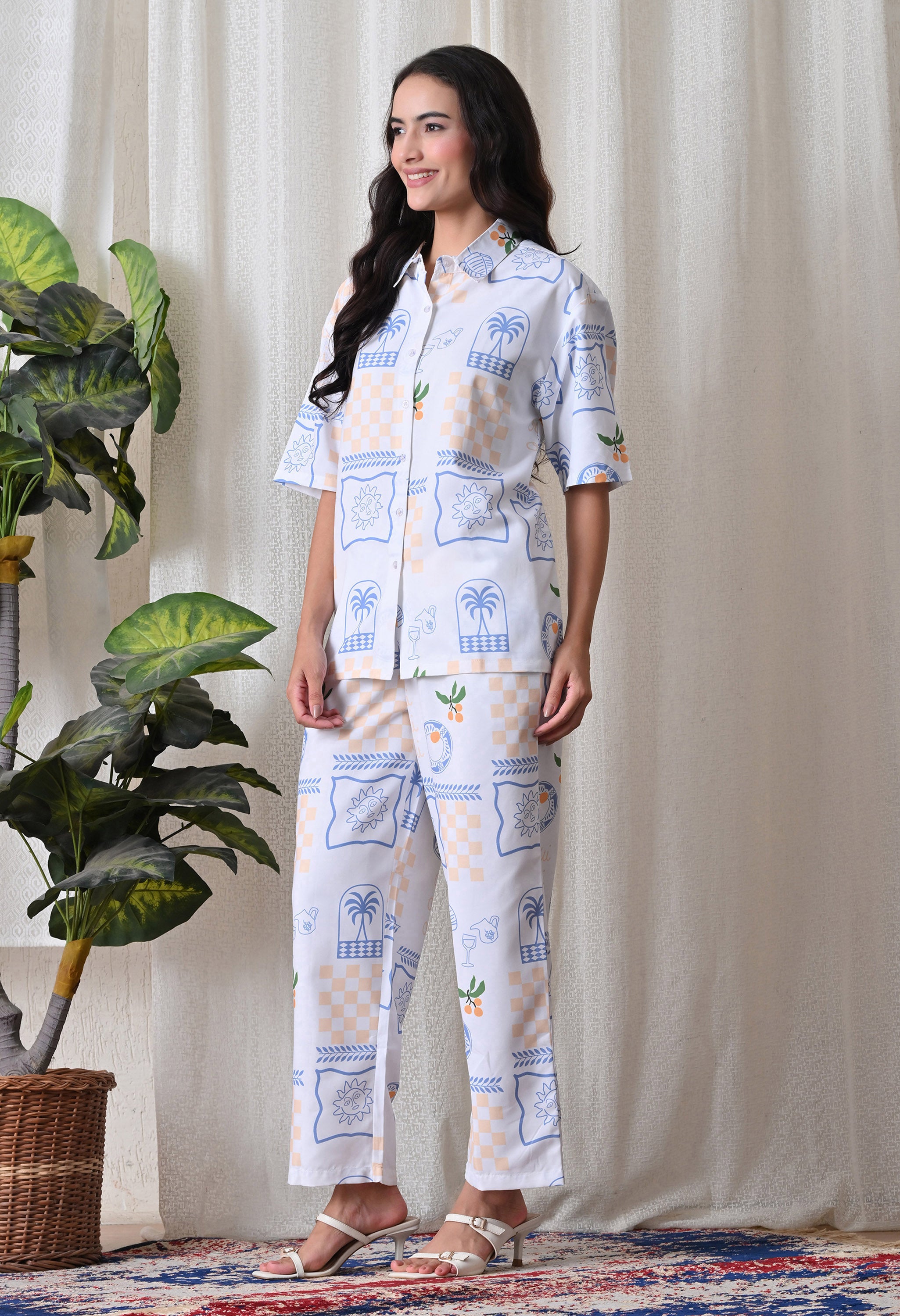Light Blue Abstract Artistic Print Japanese Blend Cotton Shirt & Pyjama Set by Ameerah