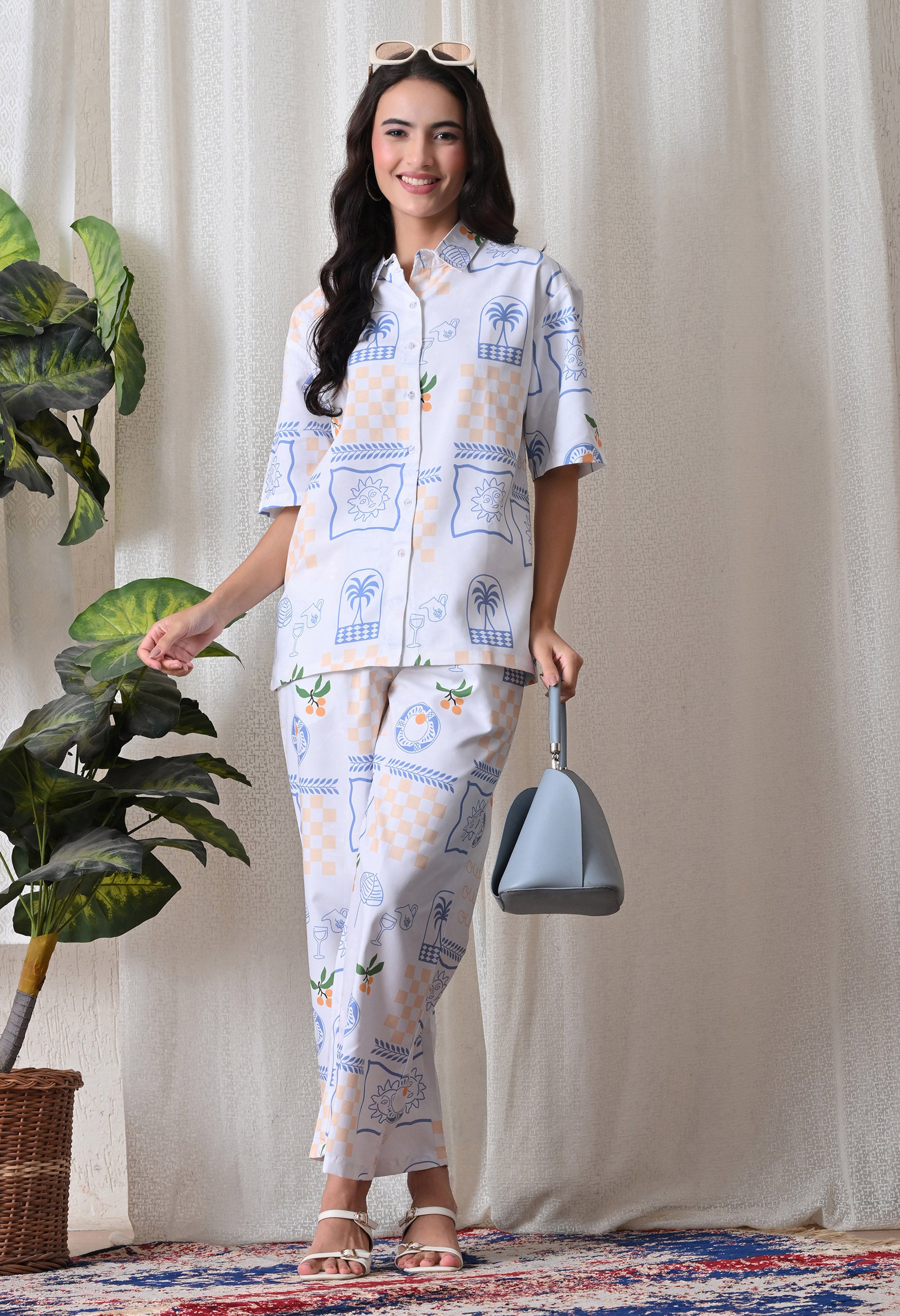 Light Blue Abstract Artistic Print Japanese Blend Cotton Shirt & Pyjama Set by Ameerah