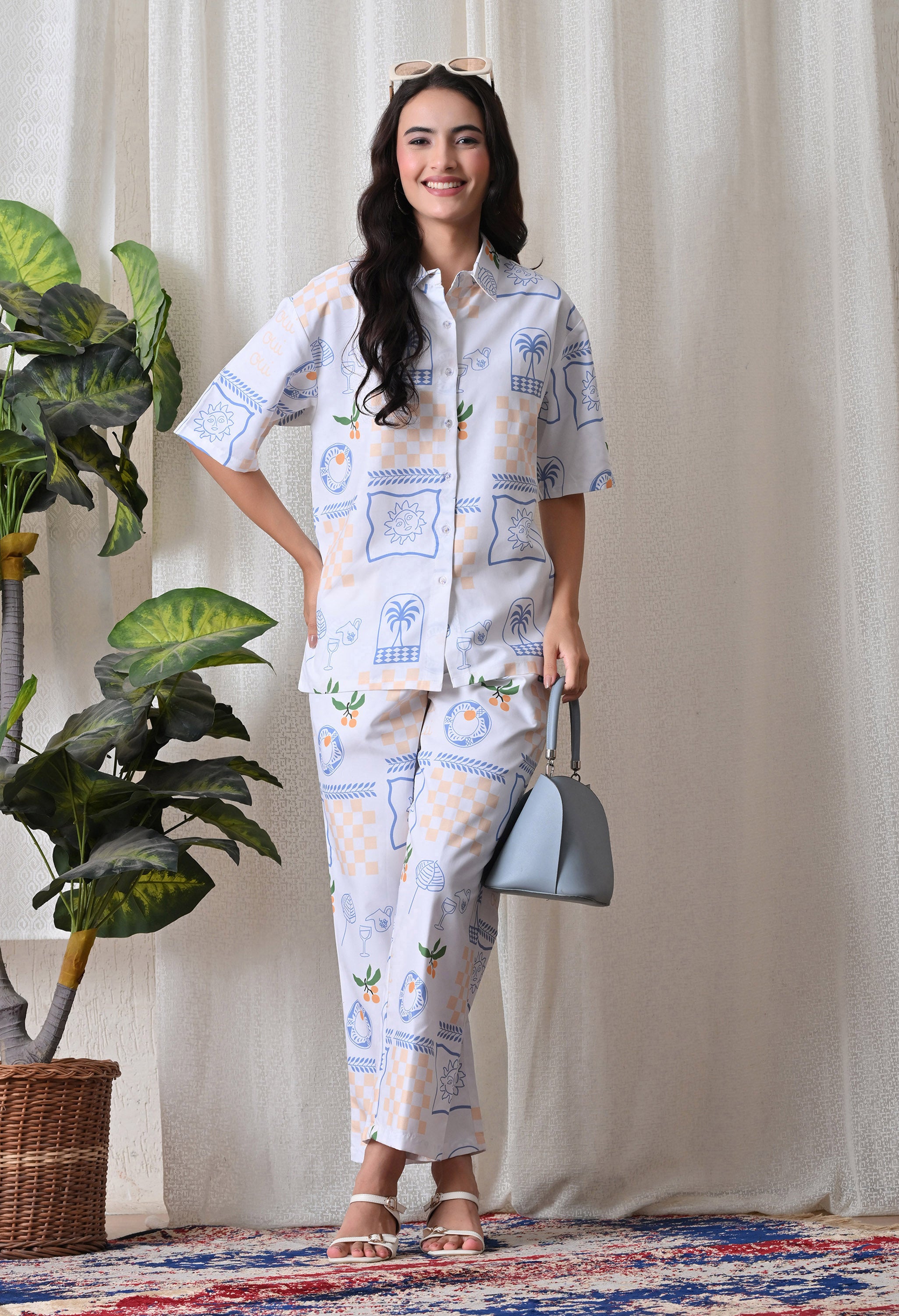 Light Blue Abstract Artistic Print Japanese Blend Cotton Shirt & Pyjama Set by Ameerah