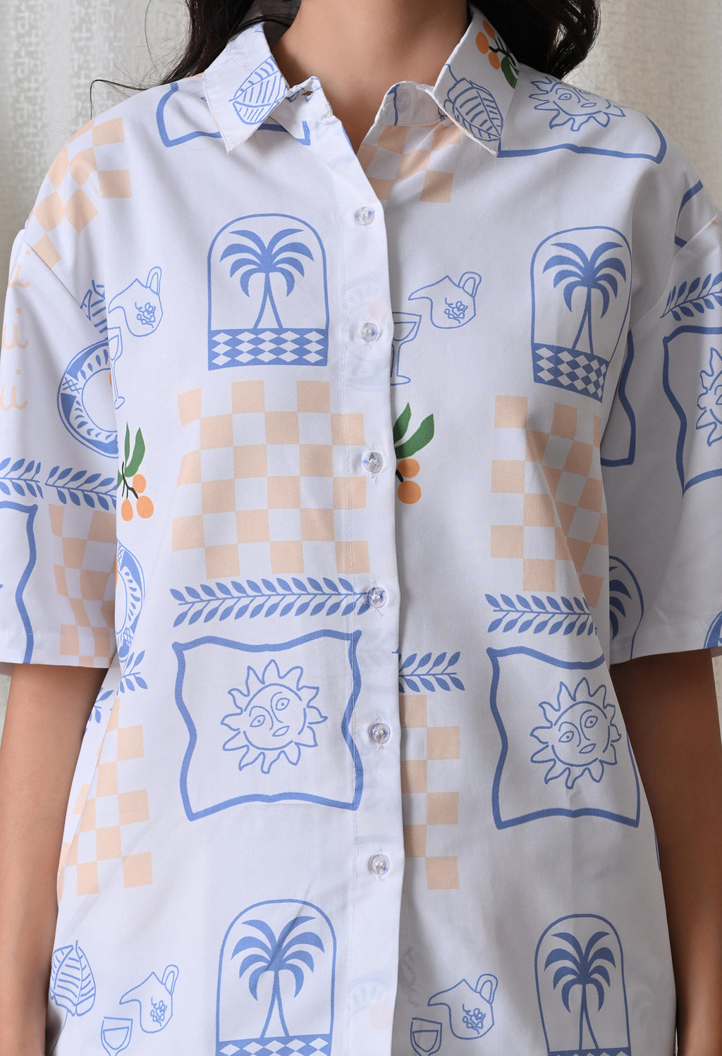 Light Blue Abstract Artistic Print Japanese Blend Cotton Shirt & Pyjama Set by Ameerah