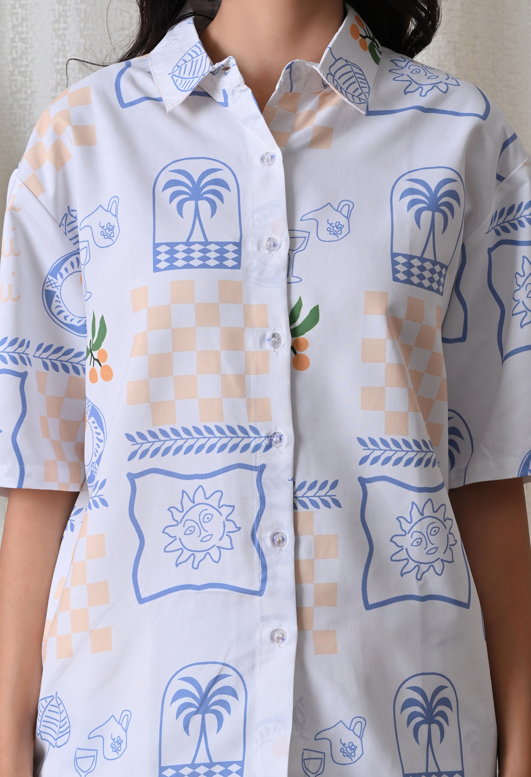 Light Blue Abstract Artistic Print Japanese Blend Cotton Shirt & Pyjama Set by Ameerah