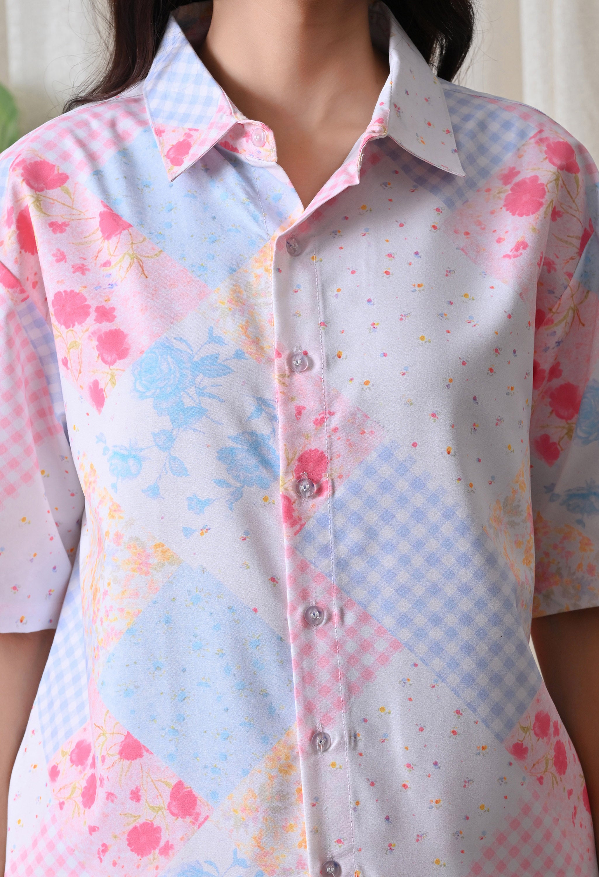 Pastel Patchwork Printed Japanese Blend Cotton Shirt & Short Set by Ameerah