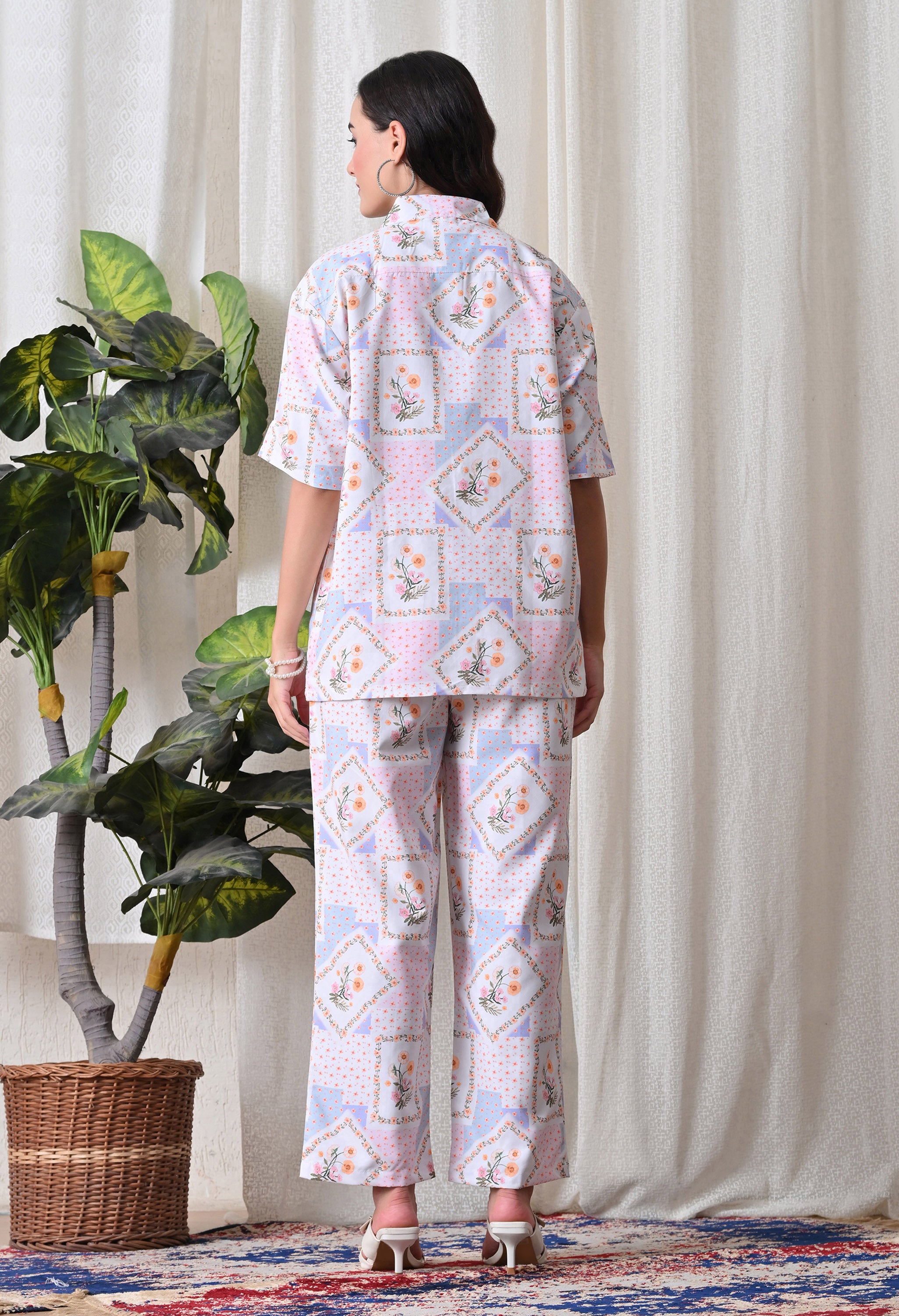 Lavender Floral Patchwork Printed Japanese Blend Cotton Shirt & Pyjama Set by Ameerah