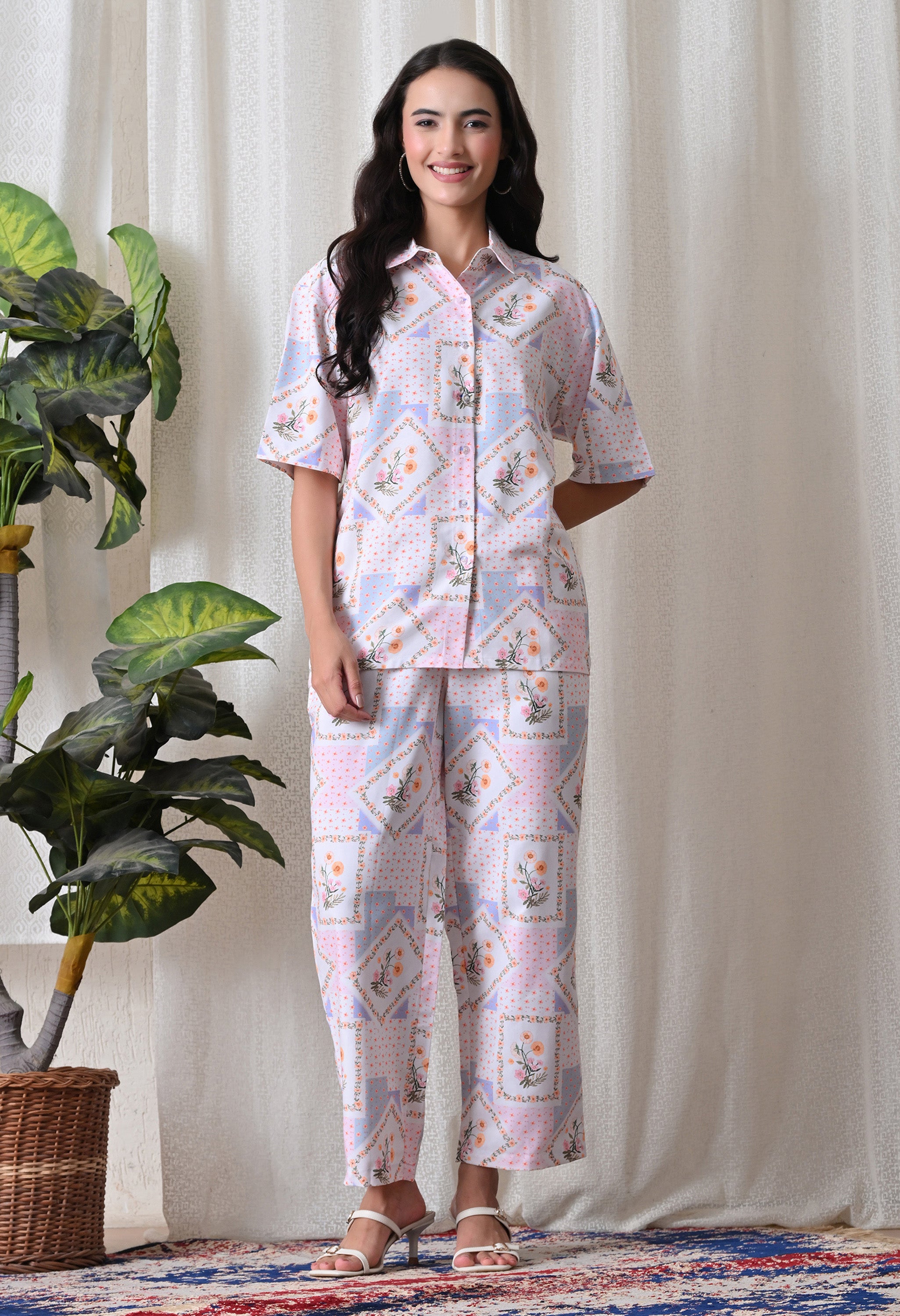 Lavender Floral Patchwork Printed Japanese Blend Cotton Shirt & Pyjama Set by Ameerah